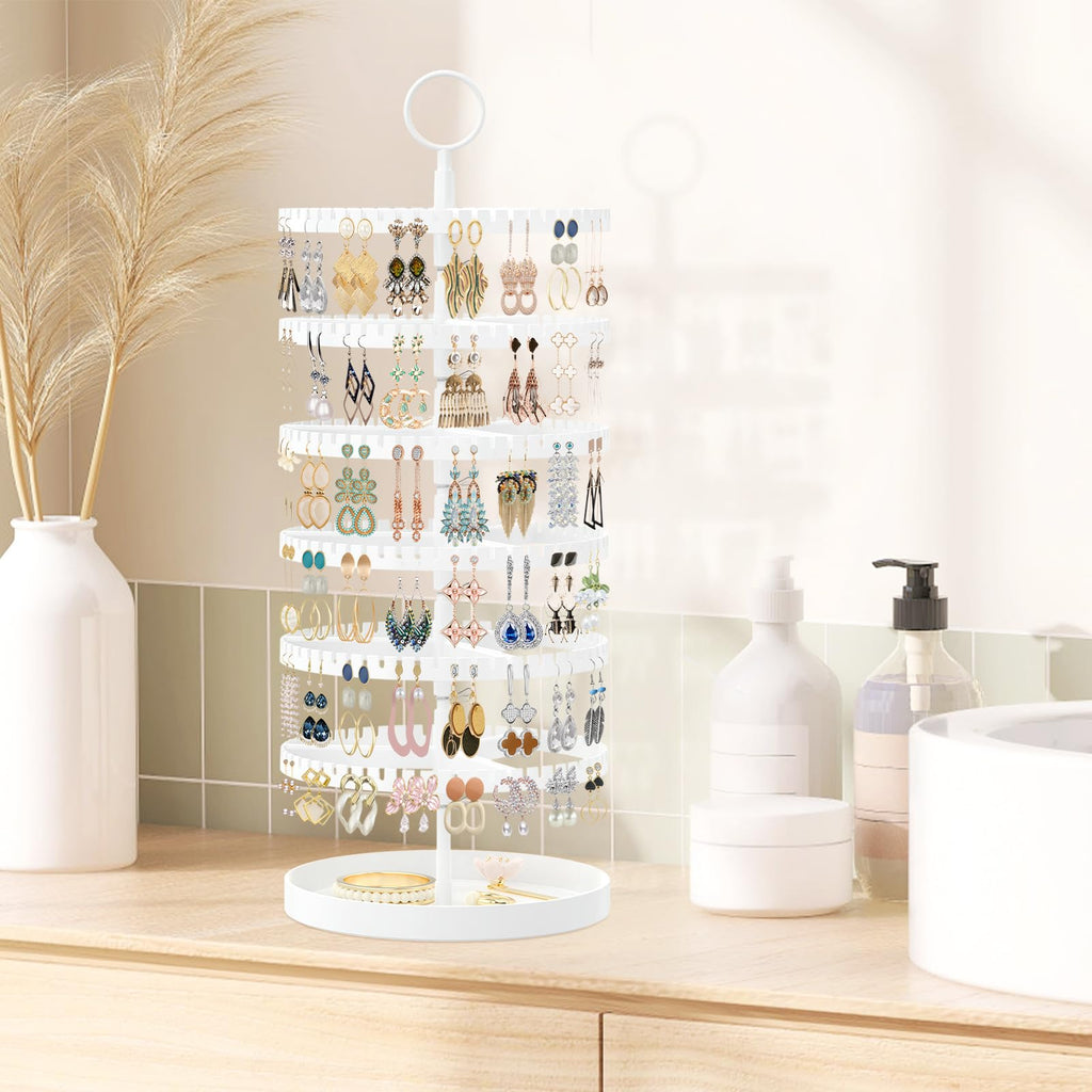 iDavosic.ly 6 Tier Rotating Earring Holder Organizer with Metal Tray, Adjustable Plastic Dangle Display Stands Tree with 342 Grooves, Large Hoop Storage Rack Tower, White