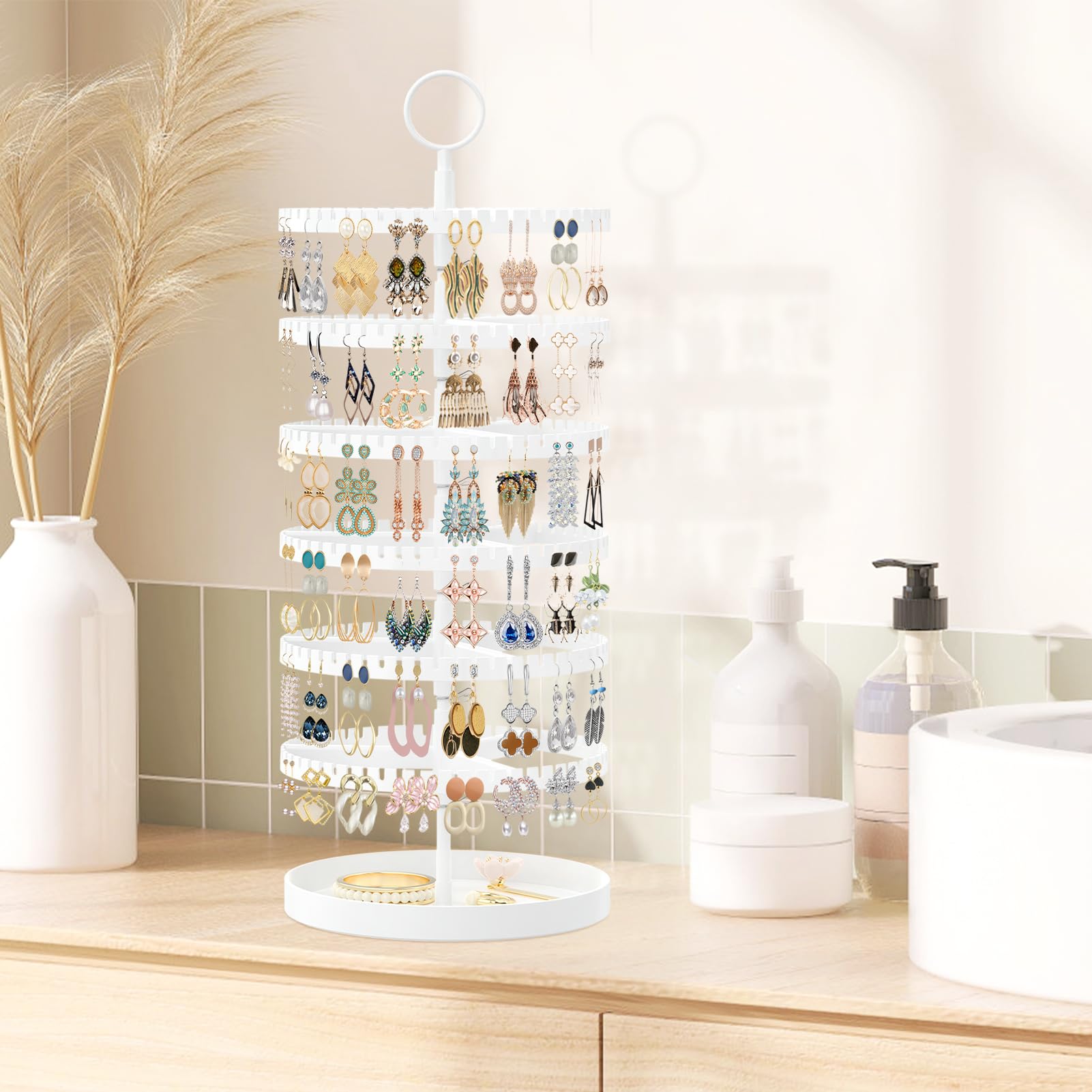 iDavosic.ly 6 Tier Rotating Earring Holder Organizer with Metal Tray, Adjustable Plastic Dangle Display Stands Tree with 342 Grooves, Large Hoop Storage Rack Tower, White