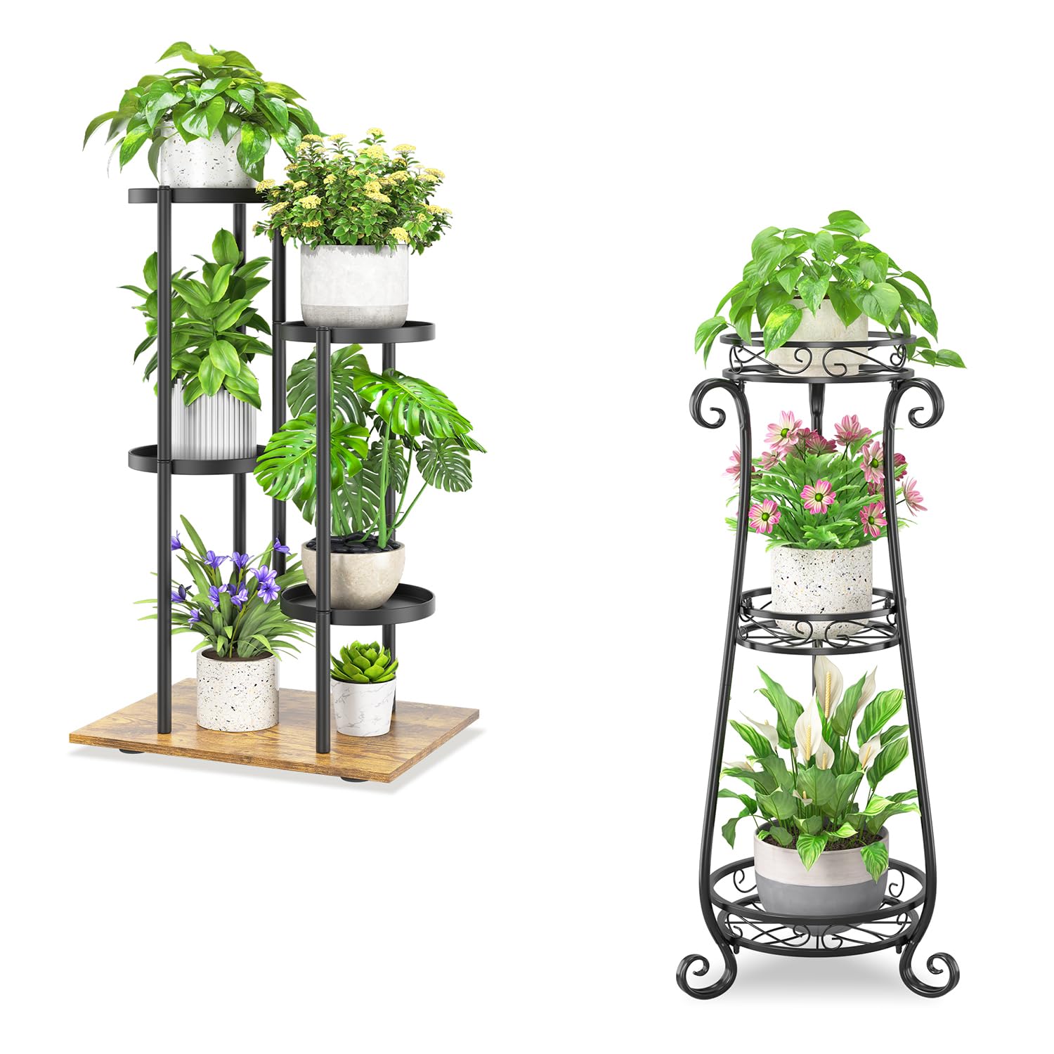 iDavosic.ly Metal Plant Stand Indoor Outdoor Set of 2, Wrought Iron Corner Flower Pot Holder Table Shelf and 4 Layer Display Rack for Patio Porch Living Room Garden Balcony, Black & Brown