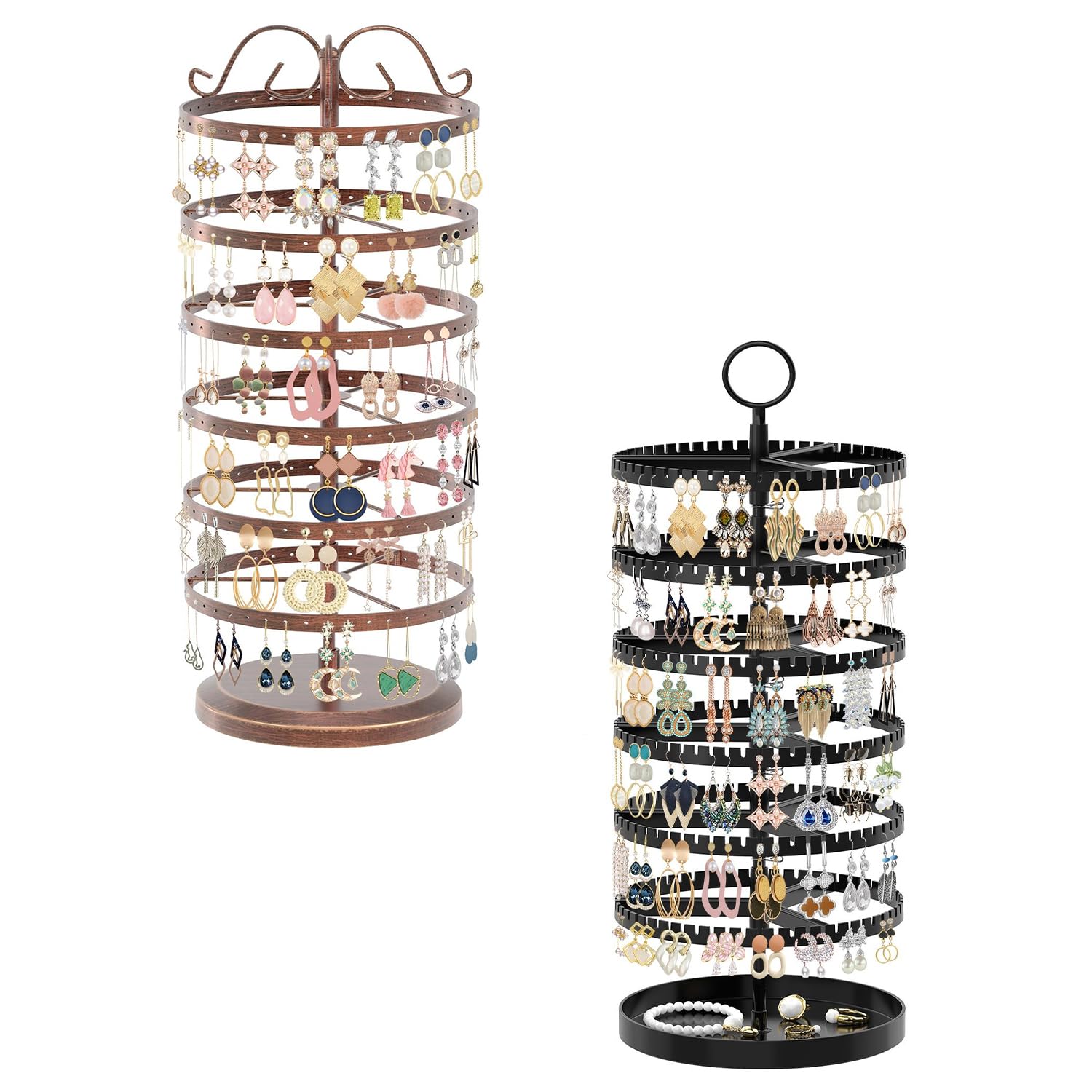 iDavosic.ly 6 Tier Rotating Earring Holder Organizer Set of 2, Metal Large Stud Storage Stand, Adjustable Plastic Dangle Hoop Display Rack Tower with Tray for Women, Bronze Black