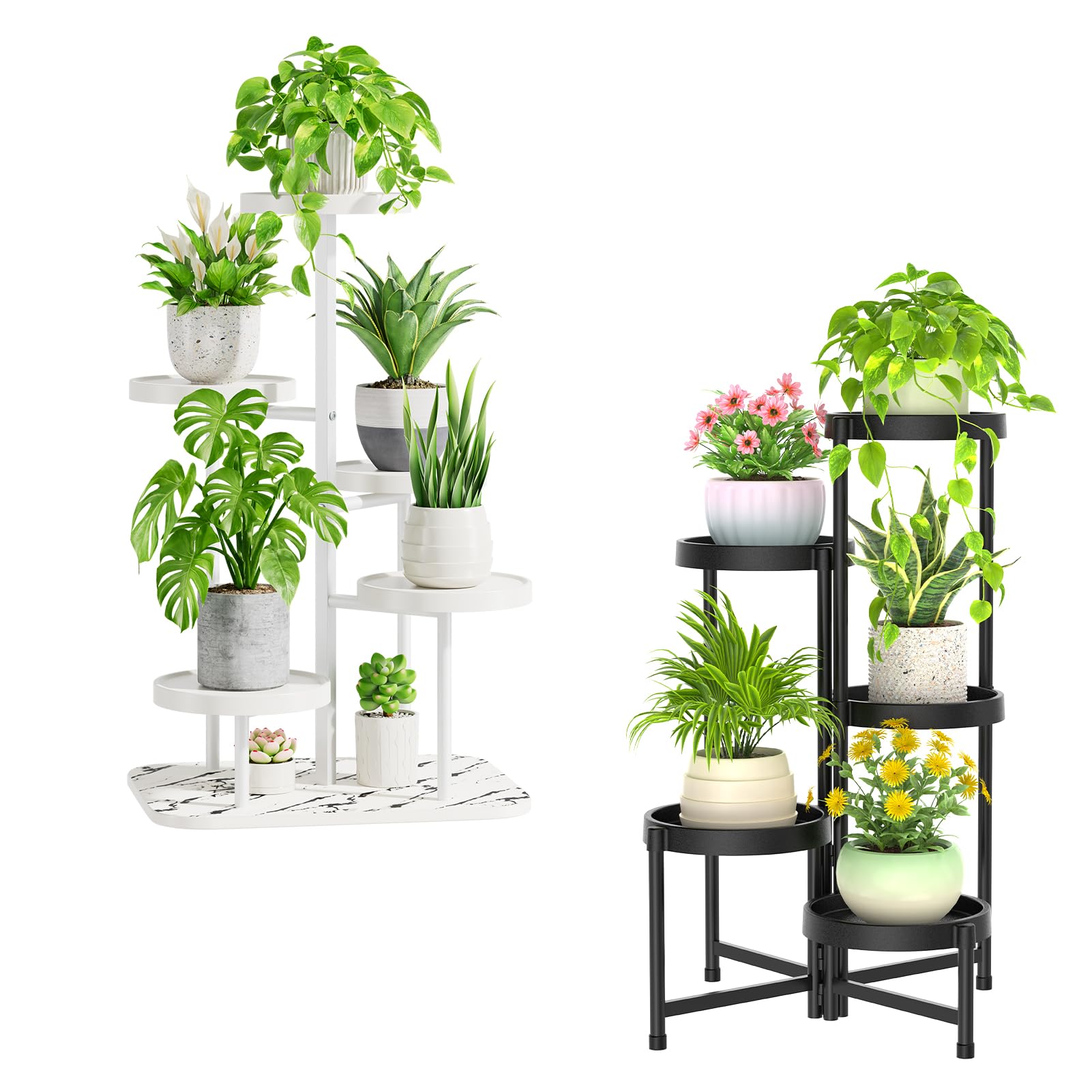 iDavosic.ly 2 Pack 5 Tier Metal Plastic Plant Stand for Indoor Outdoor, Tall Tiered White Flower Holder Shelf and Foldable Corner Black Orchid Display Rack for Living Room Garden Balcony Bedroom Patio