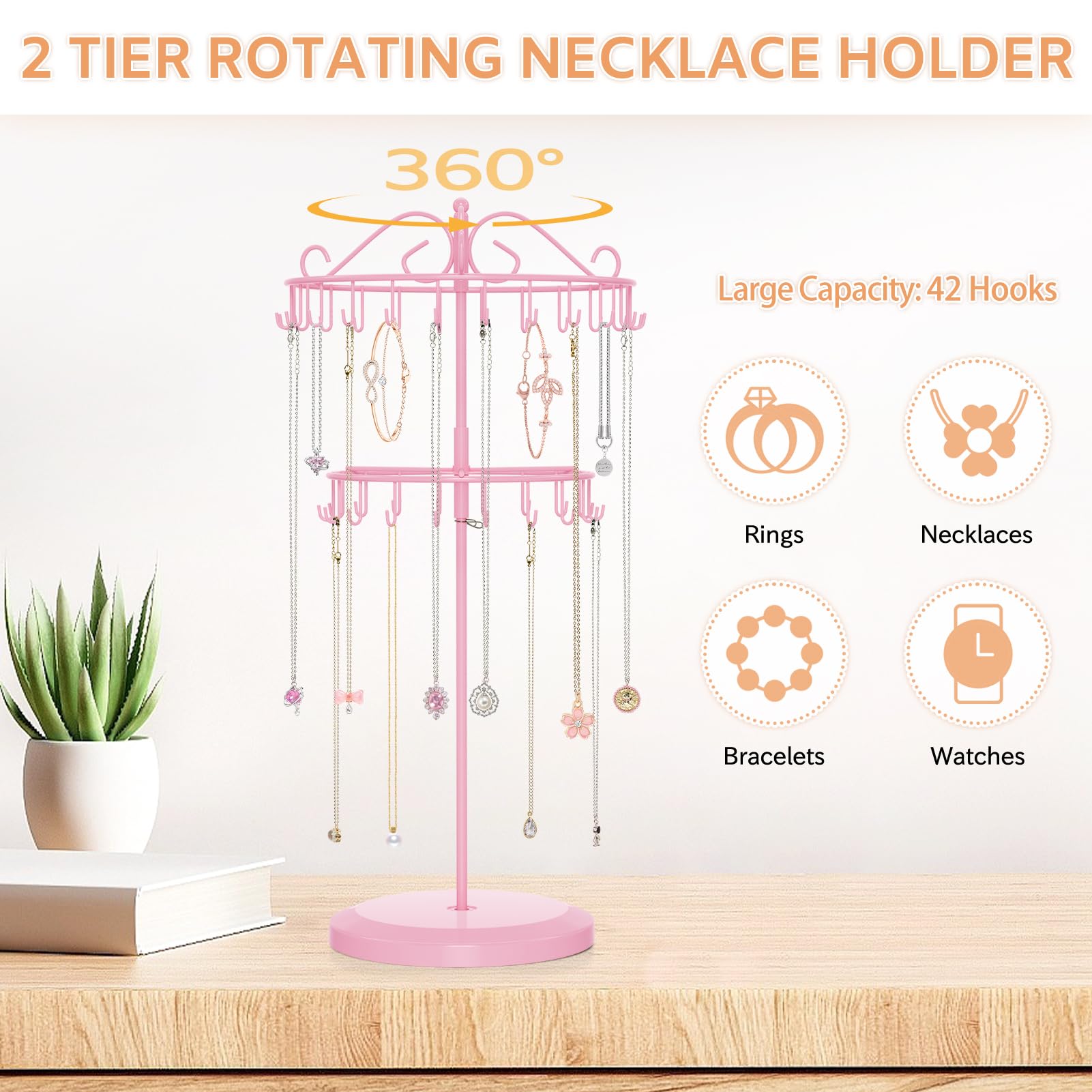 iDavosic.ly 2 Tier Rotating Necklace Holder Organizer with 42 Hooks, Adjustable Metal Bracelet Display Stand Rack, Extra Tall Keychain Spinning Tree Tower for Women, Pink