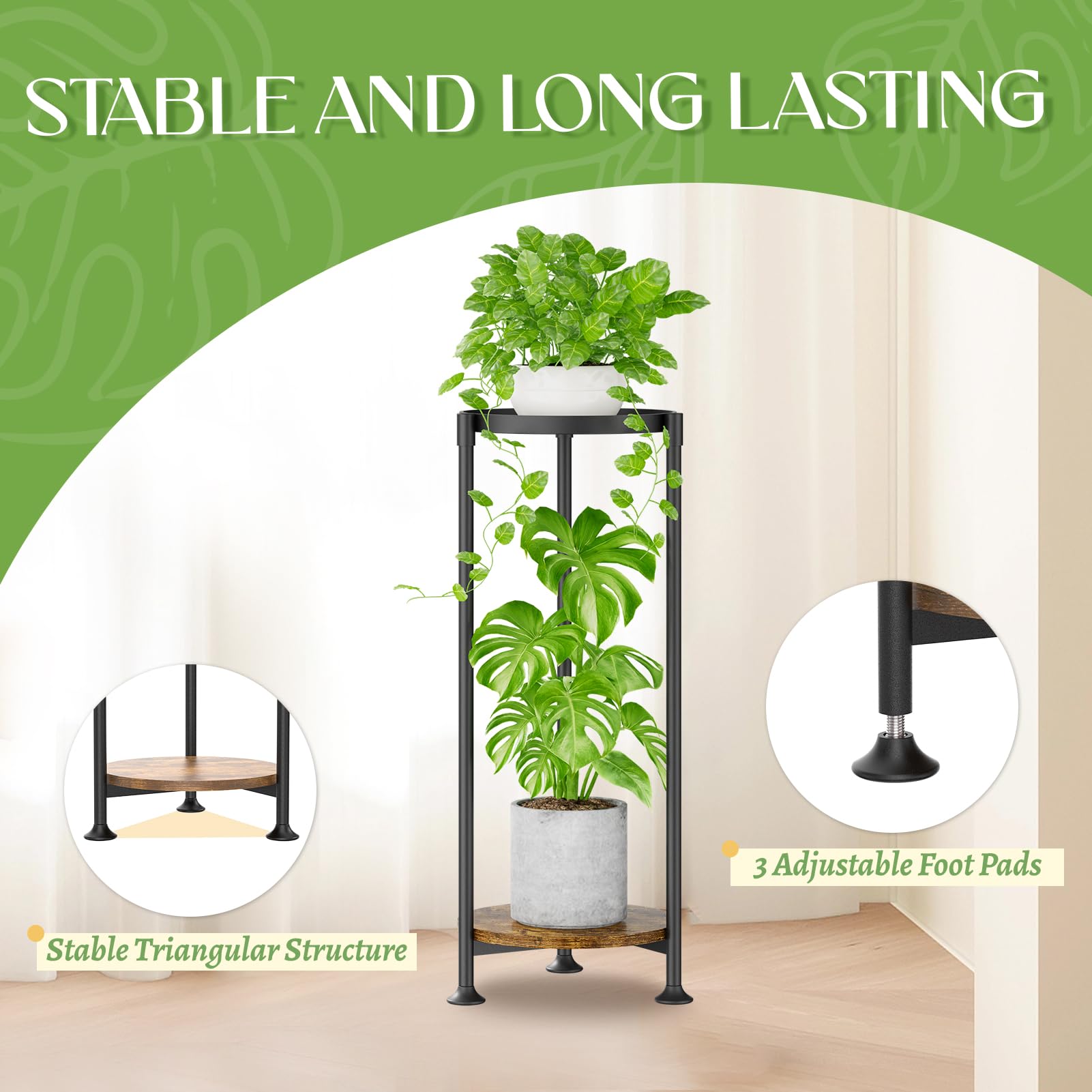 iDavosic.ly Metal Plant Stand Indoor Outdoor Set of 2, 3 Tiered Corner Flower Holder Shelf and 2 Layer Tall Vertical Heavy Duty Display Rack for Patio Porch Living Room, Modern Black & Rustic Brown