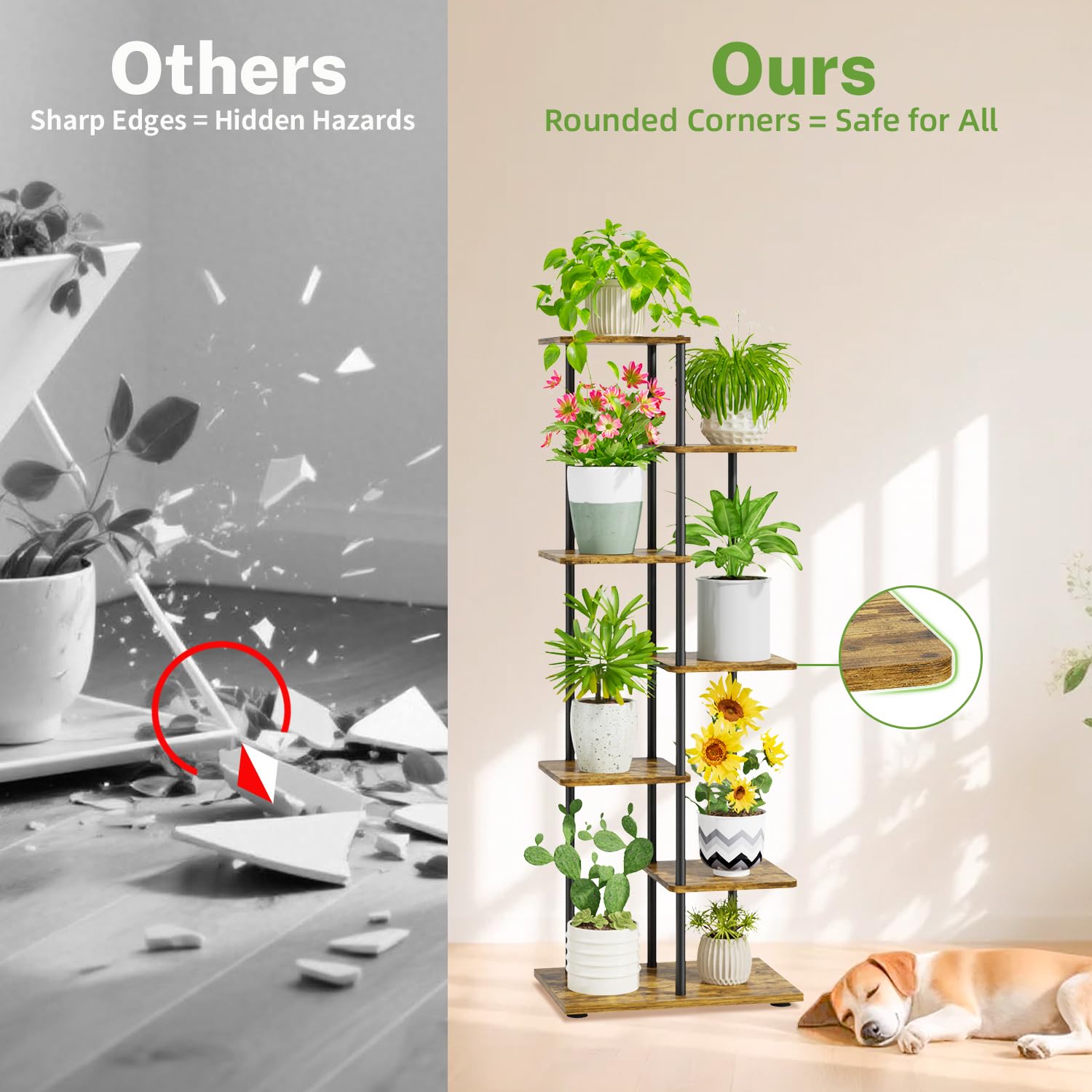 iDavosic.ly 6 Tier Indoor Outdoor Plant Stand Set of 2, Large Foldable Tall Flower Pot Holder Shelf and Metal Wood Corner Multiple Orchid Display Rack for Patio Porch Living Room Garden Balcony, Black