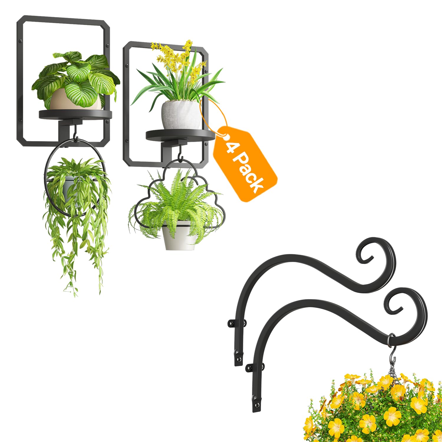 iDavosic.ly Wall Plant Holder Set of 4, Indoor Floating Display Stand, 11.8 Inch Heavy Duty Hooks Outdoor Metal Picture Frame, Garden Porch Patio Decor, Space Saving (Pots/Chains/Plants Not Included)