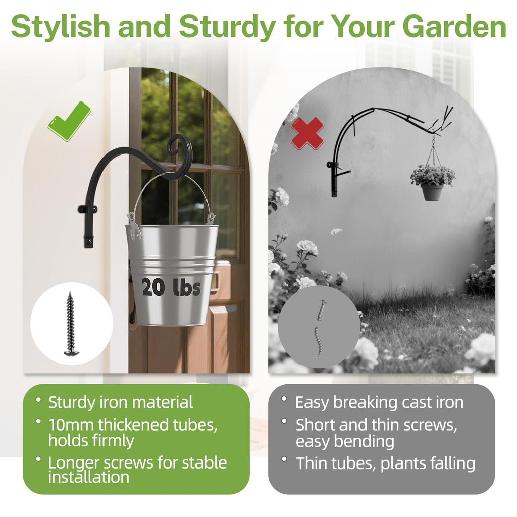 iDavosic.ly Heavy Duty Wall Plant Hangers 2-Pack, 11.8 Inch Iron Brackets with 2 Hooks for Indoor Outdoor, Space Saving Floating Flower Display Stand for Hanging Plants, Baskets, Bird Feeders (Black)