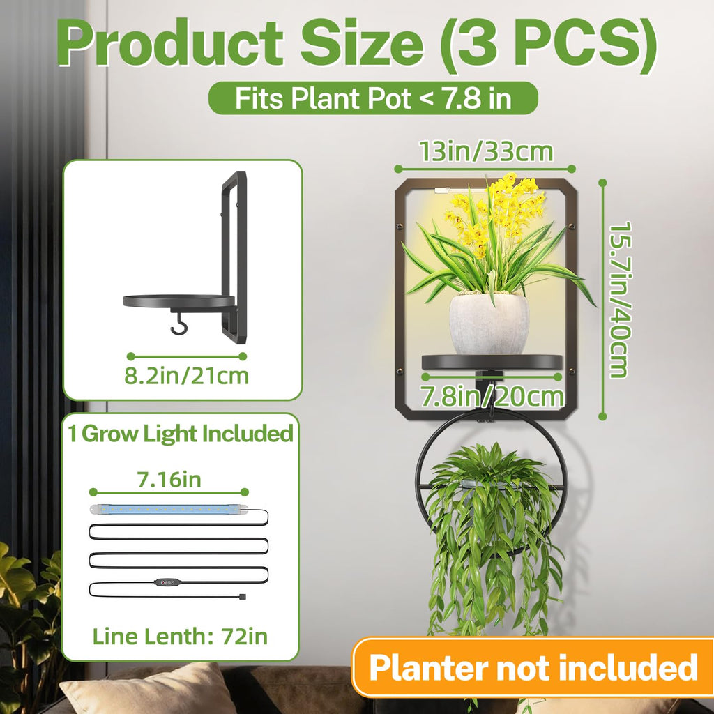 iDavosic.ly Wall Plant Picture Frame Holder Set of 3 with 1 Grow Light for Indoor, Metal Stand with Hanging Hooks, Space Saving Floating Flower Display Decor (Pots/Chains/Plants Not Included)