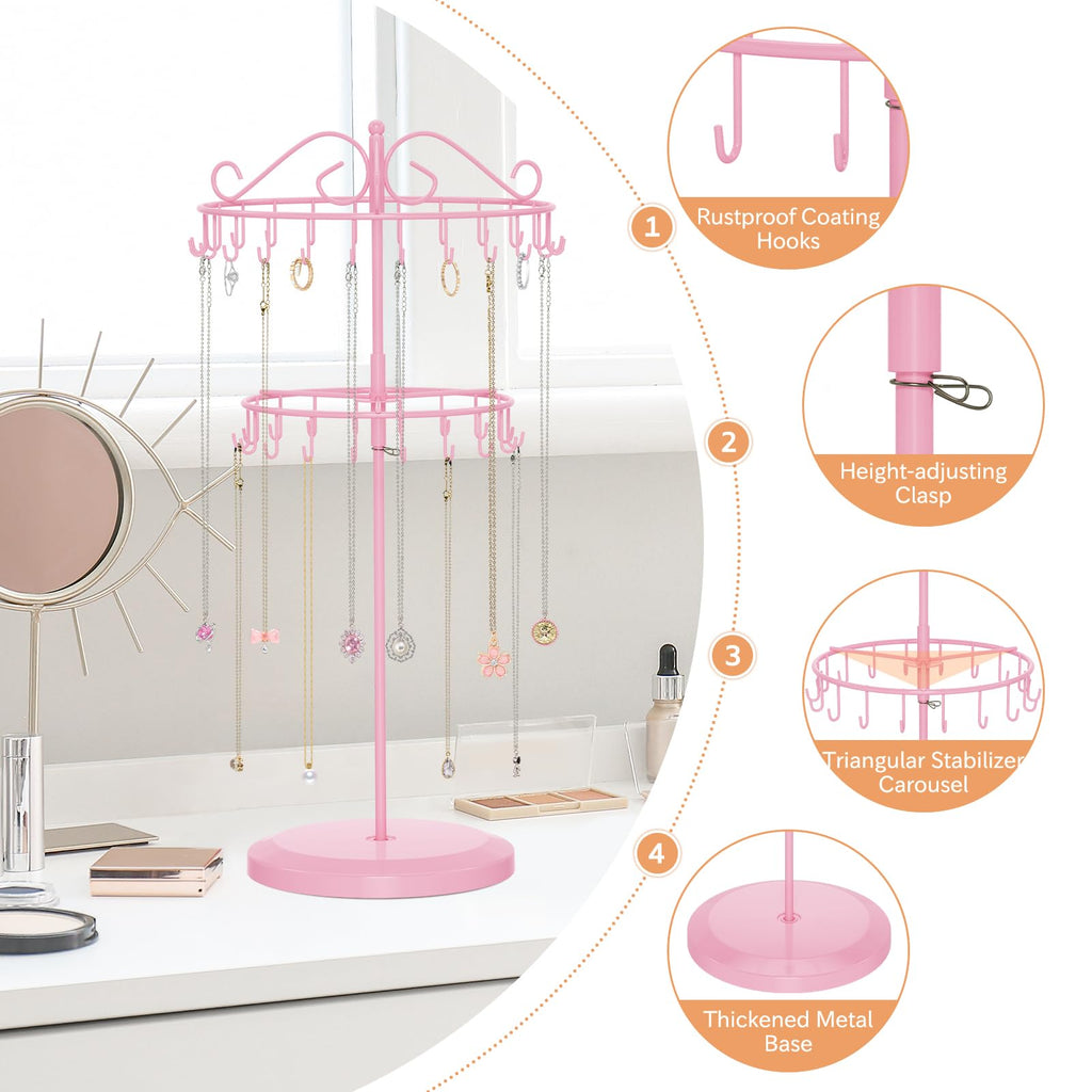 iDavosic.ly 2 Tier Rotating Necklace Holder Organizer with 42 Hooks, Adjustable Metal Bracelet Display Stand Rack, Extra Tall Keychain Spinning Tree Tower for Women, Pink