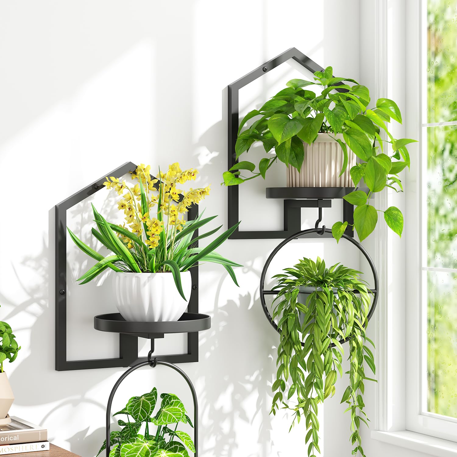 iDavosic.ly Wall Plant Stand Indoor Home Decor Set of 4, 12 Inch Outdoor Heavy Duty Hooks, Metal Floating Display Brackets for Hanging Plants, Lanterns, Garden Patio (Pots/Chains/Plants Not Included)