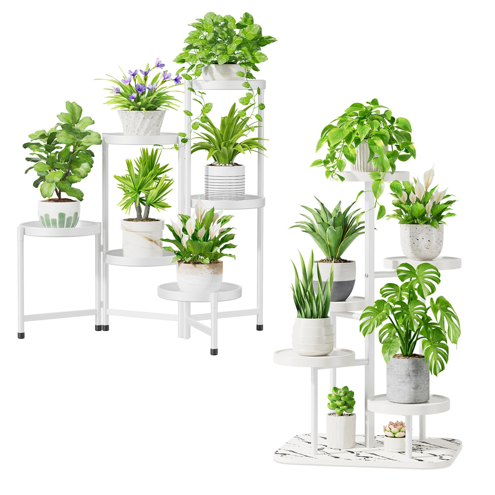 iDavosic.ly Plant Stand for Indoor Outdoor 2 Pack, 6 Tier Folding Large Corner Flower Holder Shelf and 5 Layer Metal Plastic Tall Orchid Display Rack for Patio Porch Living Room Garden Balcony, White