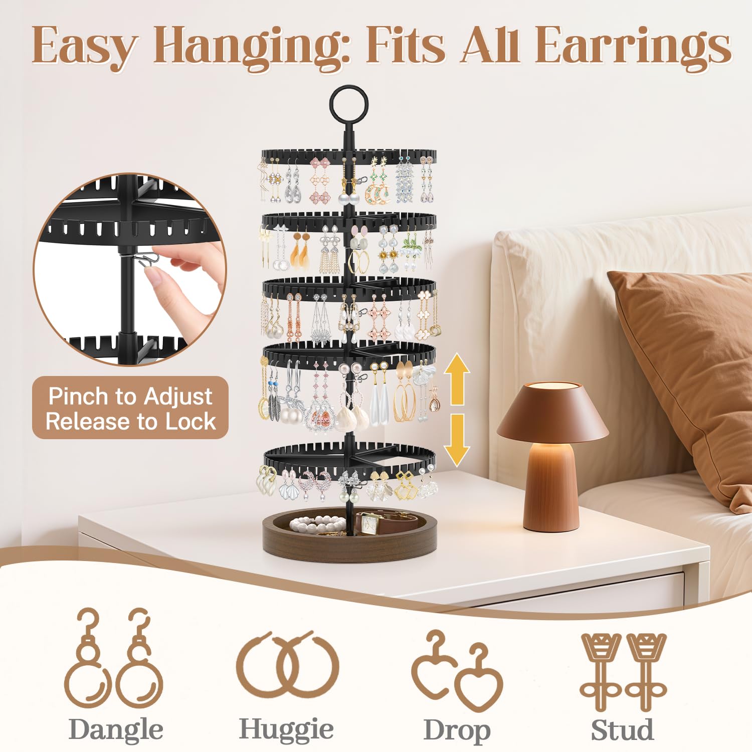 iDavosic.ly 5 Tier Rotating Earring Holder Organizer with Wooden Tray, Large Dangle Display Stands Tree with 285 Plastic Grooves, Adjustable Hoop Storage Rack, Space Saving Tower, Black & Brown