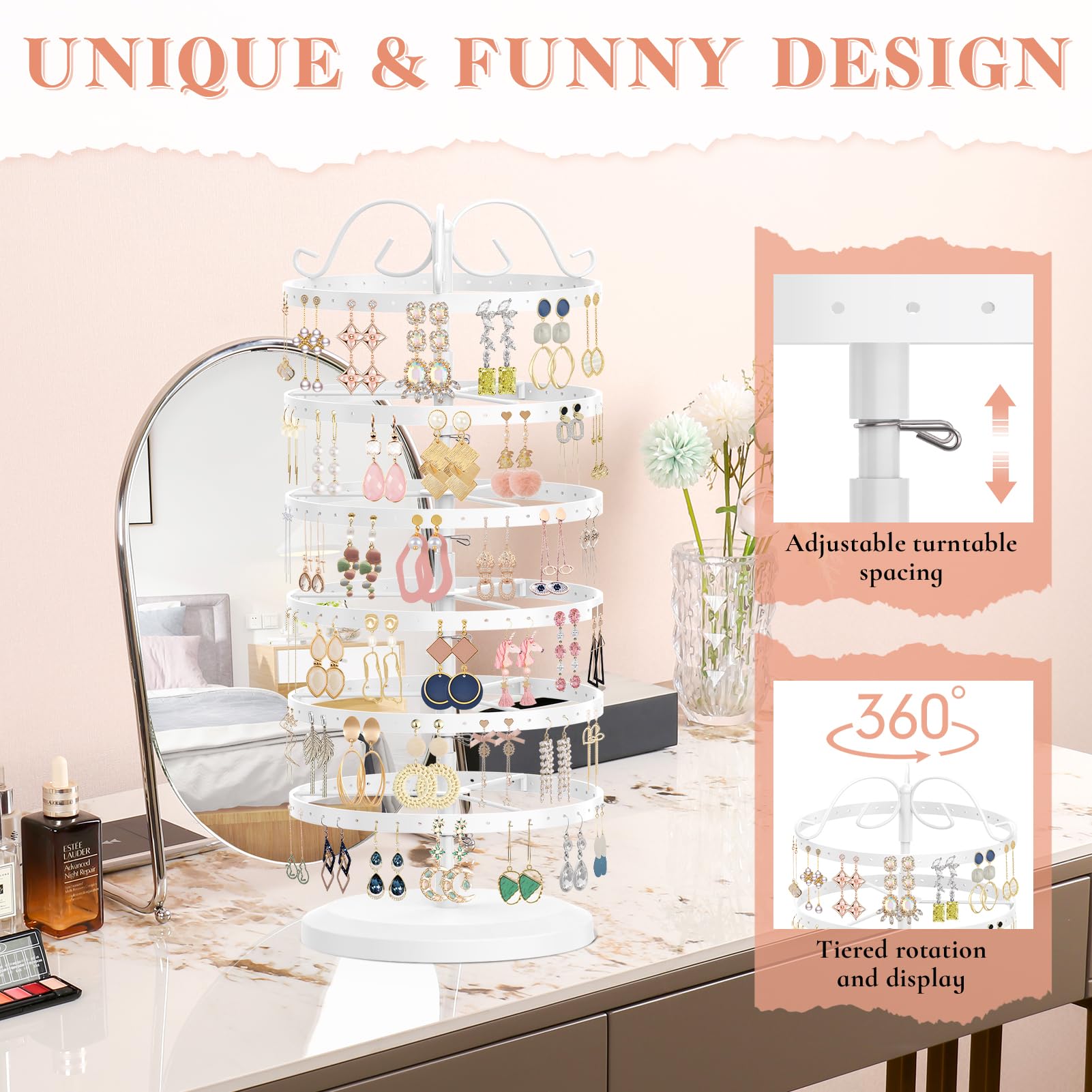 iDavosic.ly 6 Tier Metal Rotating Earring Holder Organizer, 264 Holes Large Stud Storage Display Stands Tree Rack, Adjustable Pierced Hoop Dangle Tower for Women, White