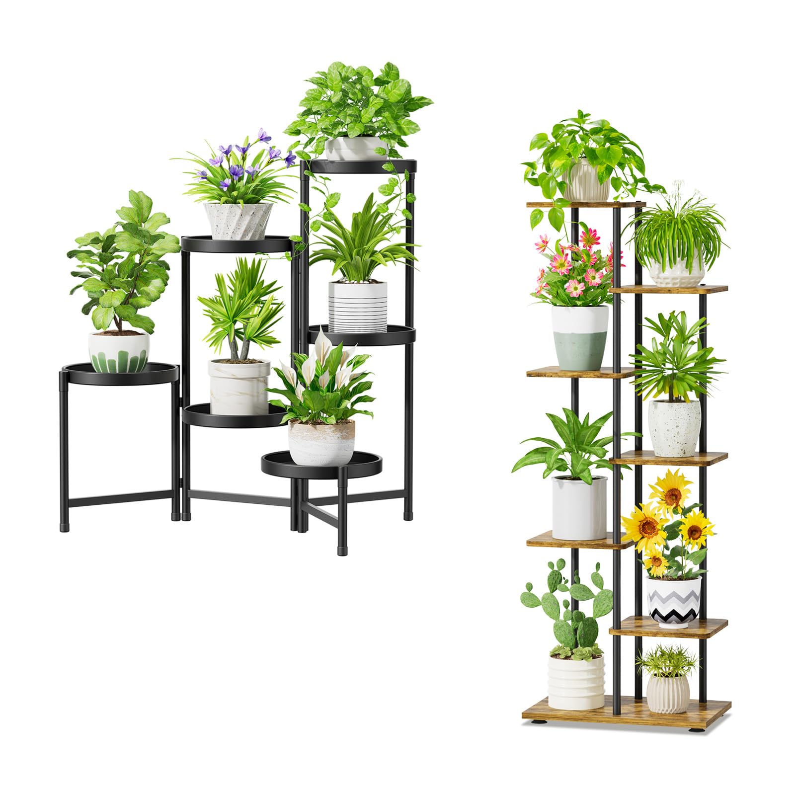 iDavosic.ly 6 Tier Plant Stand Indoor Outdoor Set of 2, Large Foldable Corner Flower Pot Holder Shelf and Metal Wood 50 Inch Tall Orchid Display Rack for Patio Porch Living Room Garden Balcony, Black