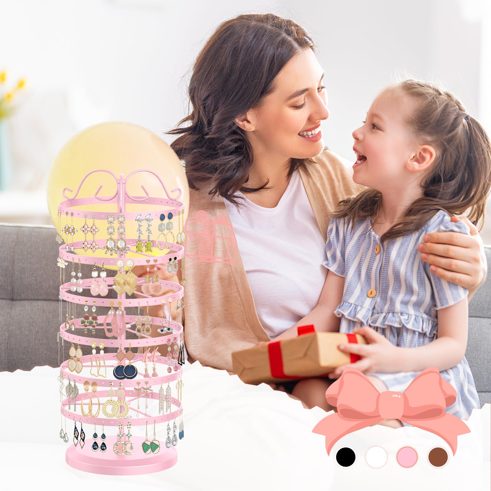 iDavosic.ly 6 Tier Metal Rotating Earring Holder Organizer 2 Pack, 264 Holes Large Stud Storage Display Stands Tree Rack, Adjustable Pierced Hoop Dangle Tower for Women, Black and Pink