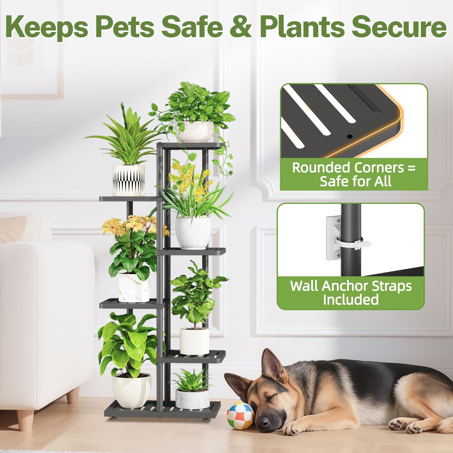 iDavosic.ly Plant Stand with Grow Light Indoor Outdoor, 5-Tier Tall Metal Flower Shelf for Heavy-Duty Large Planters, Corner Orchid Display Rack for Living Room Balcony Patio Porch, Modern Black