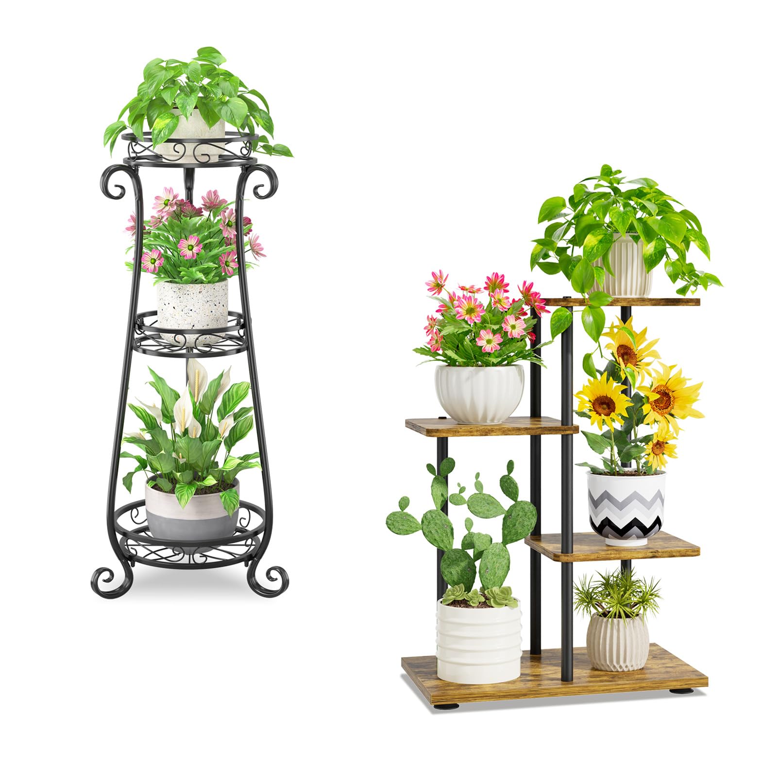 iDavosic.ly 3 Tier Plant Stand Indoor Outdoor Set of 2, 34 Inch Vertical Wrought Iron Flower Pot Holder Shelf and Metal Wood Corner Tall Orchid Display Rack for Patio Porch Living Room Balcont, Black