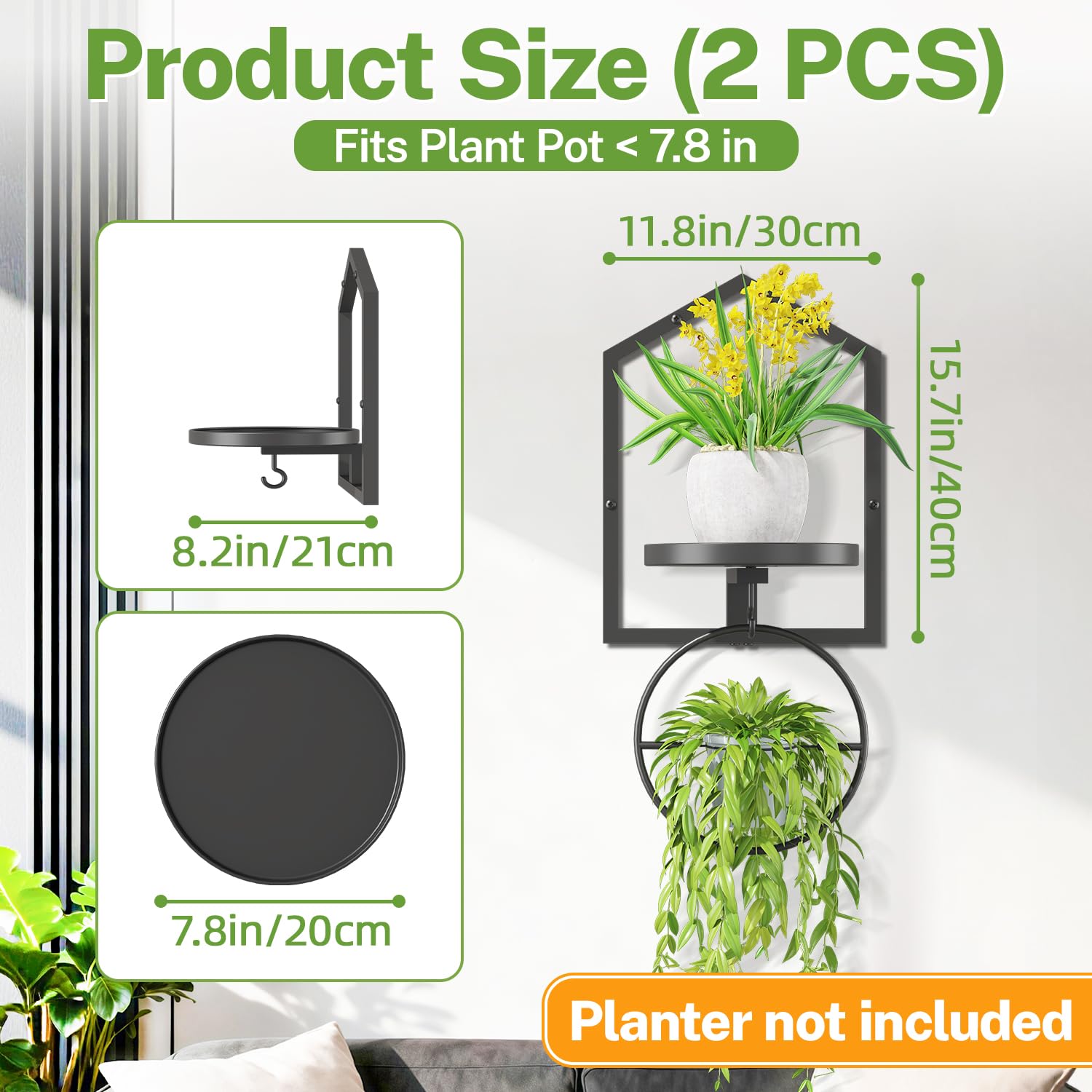 iDavosic.ly Wall Plant Display Set of 4, Floating Picture Frame Holder, 2-Tier Shelves with 4 Hooks, Metal Stand for Indoor Haning Home Decor Outdoor Space Saving (Pots/Chains/Plants Not Included)