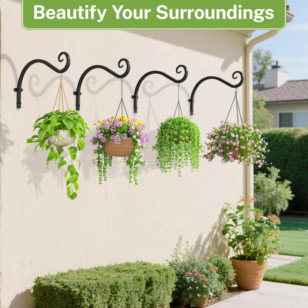 iDavosic.ly Plant Hangers Outdoor 4-Pack, 11.8 Inch Heavy Duty Iron Wall Brackets for Hanging Plants, Baskets, Bird Feeders, Lanterns, Wind Chimes, Indoor Metal Hooks for Garden Porch Patio, Black