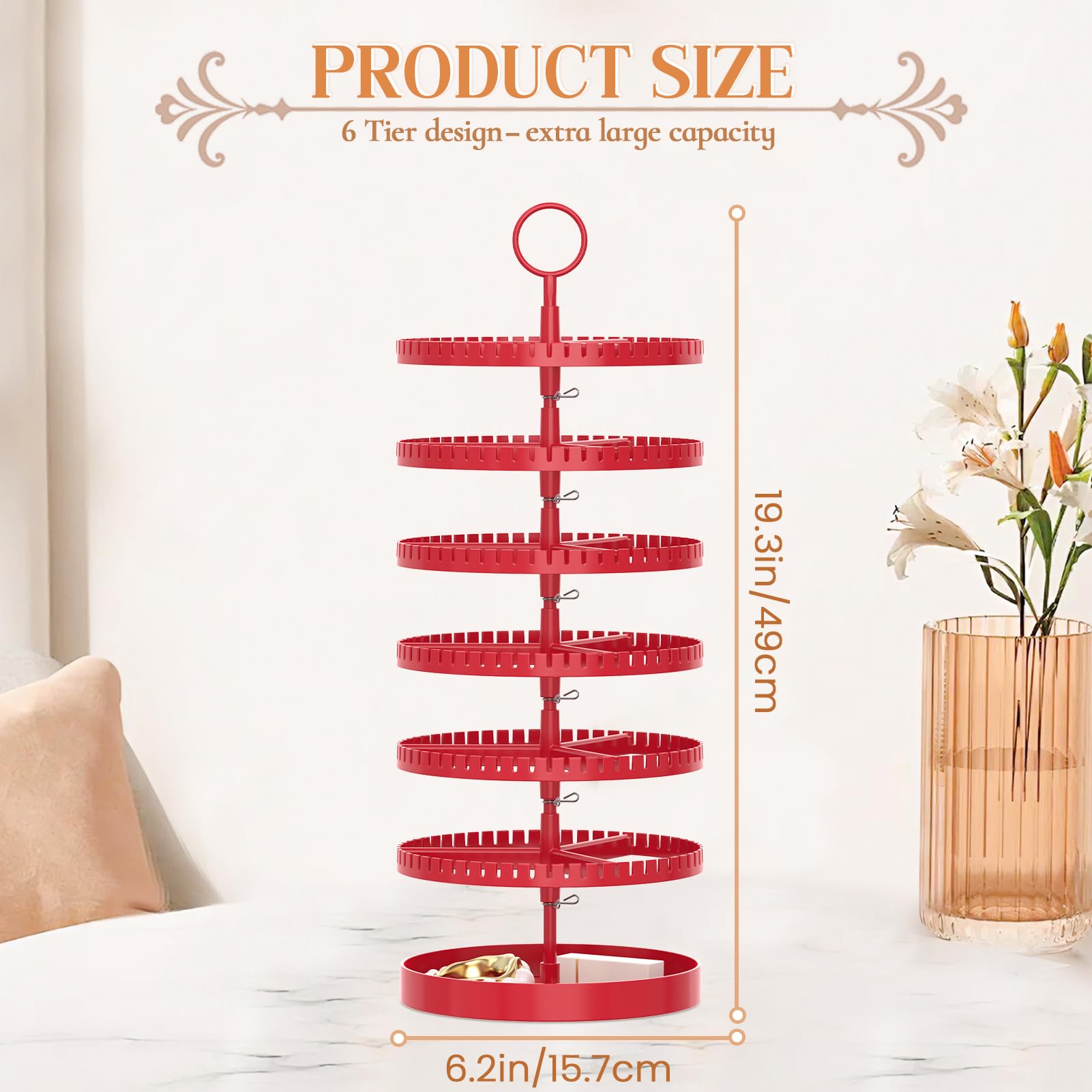 iDavosic.ly 6 Tier Rotating Earring Holder Organizer with Metal Tray, Adjustable Plastic Dangle Display Stands Tree with 342 Grooves, Large Hoop Storage Rack Tower, Red