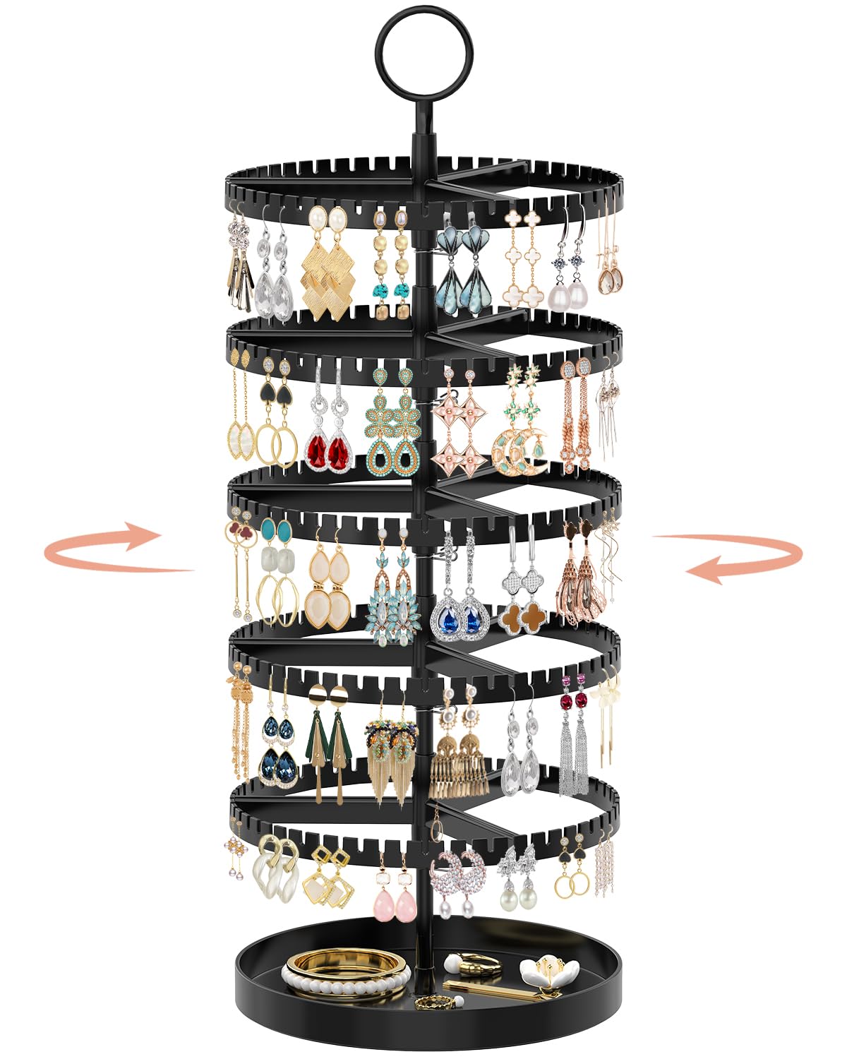 iDavosic.ly 5 Tier Rotating Earring Holder Organizer with Metal Tray, Adjustable Plastic Dangle Display Stands Tree with 285 Grooves, Large Hoop Storage Rack Tower, Black