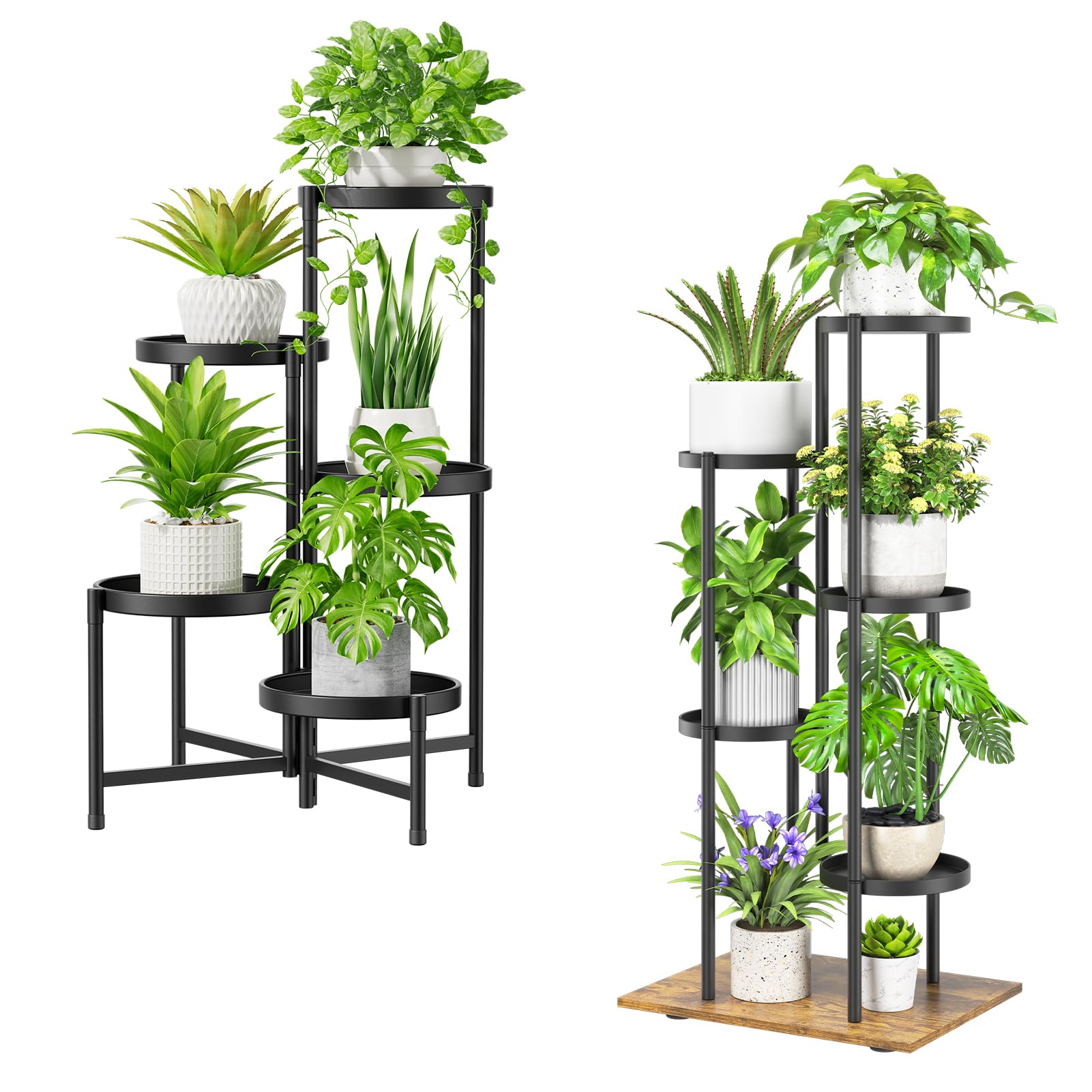 iDavosic.ly 5 Tier Plant Stand for Indoor Outdoor Set of 2, Large Metal Folding Flower Display Holder Shelf and Tall Corner Orchid Rack for House Patio Balcony Garden Living Room Porch, Black