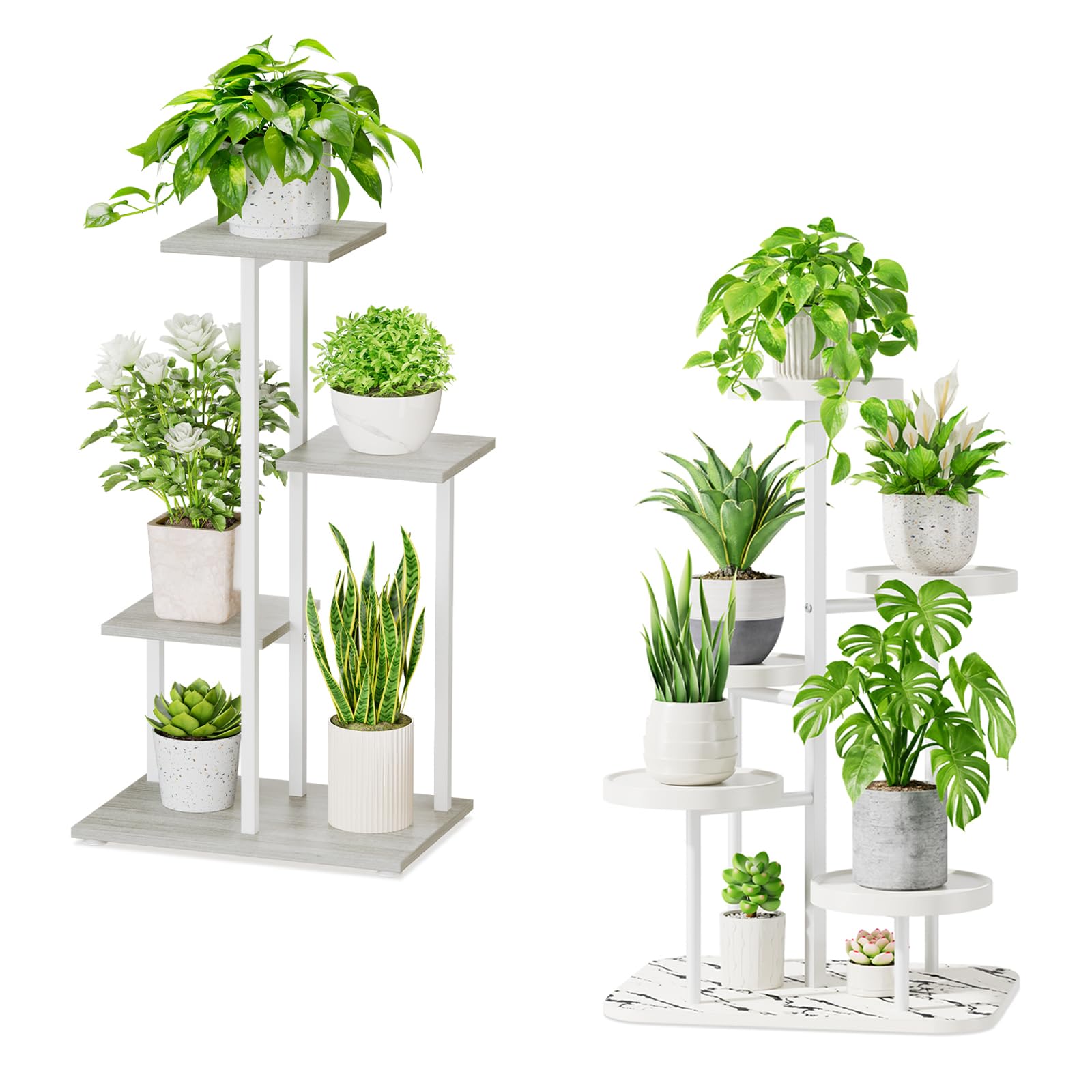 iDavosic.ly Metal Plant Stand for Indoor Outdoor 2 Pack, 4 Tier Wood Orchid Pot Display Rack and Plastic 5 Layer Tall Corner Flower Holder Shelf for Patio Porch Garden Balcony Living Room, White