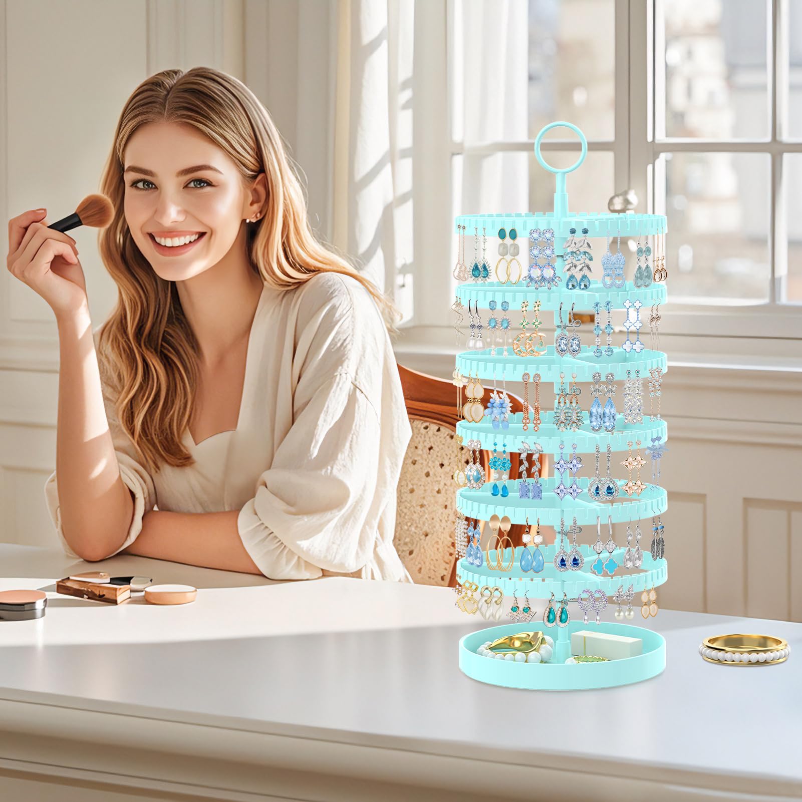 iDavosic.ly 6 Tier Rotating Earring Holder Organizer with Metal Tray, Adjustable Plastic Dangle Display Stands Tree with 342 Grooves, Large Hoop Storage Rack Tower, Blue