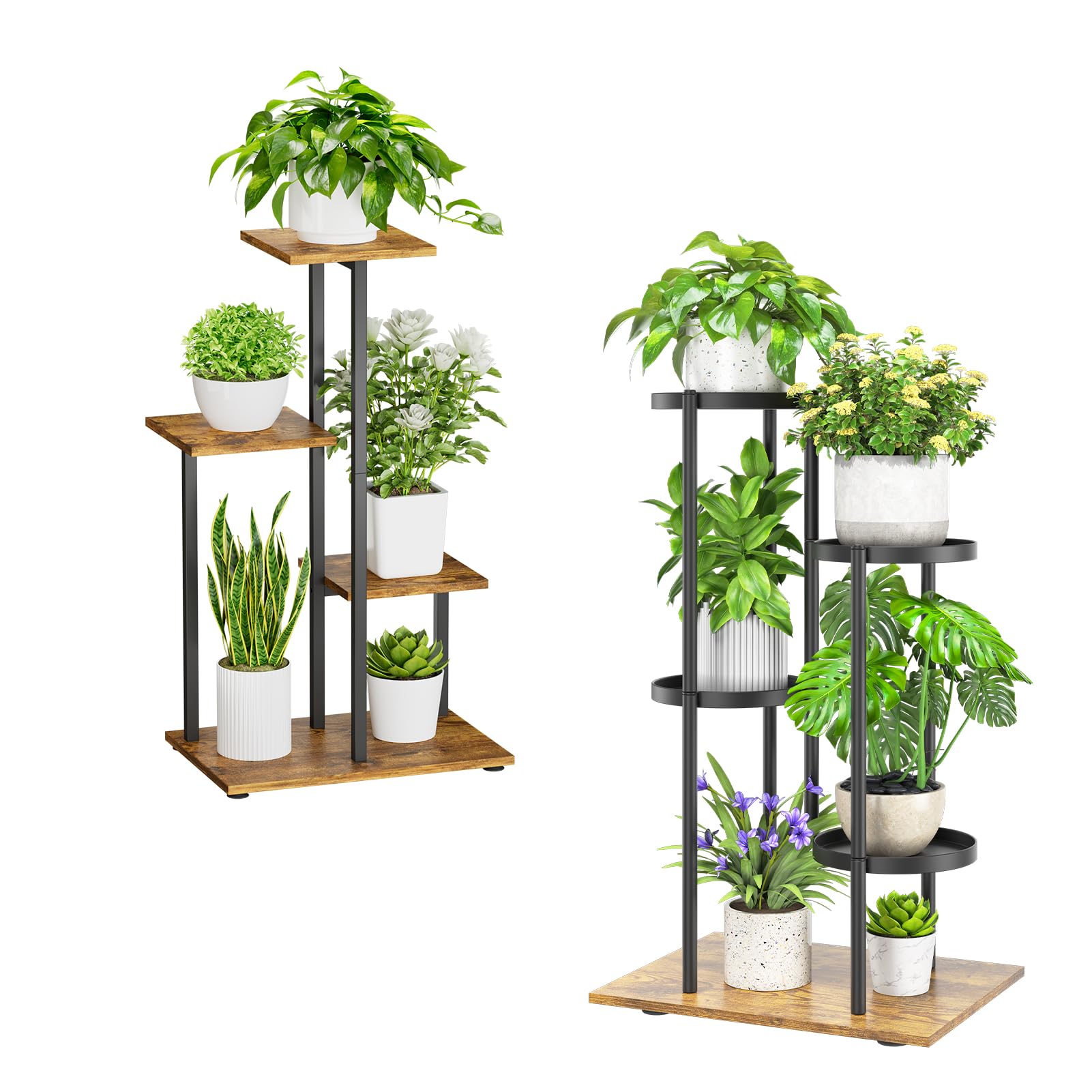 iDavosic.ly 4 Tier Plant Stand for Indoor Outdoor Set of 2, Metal Wood Flower Pot Display Holder Shelf and Tall Corner Orchid Rack for House Patio Balcony Garden Living Room Porch, Black