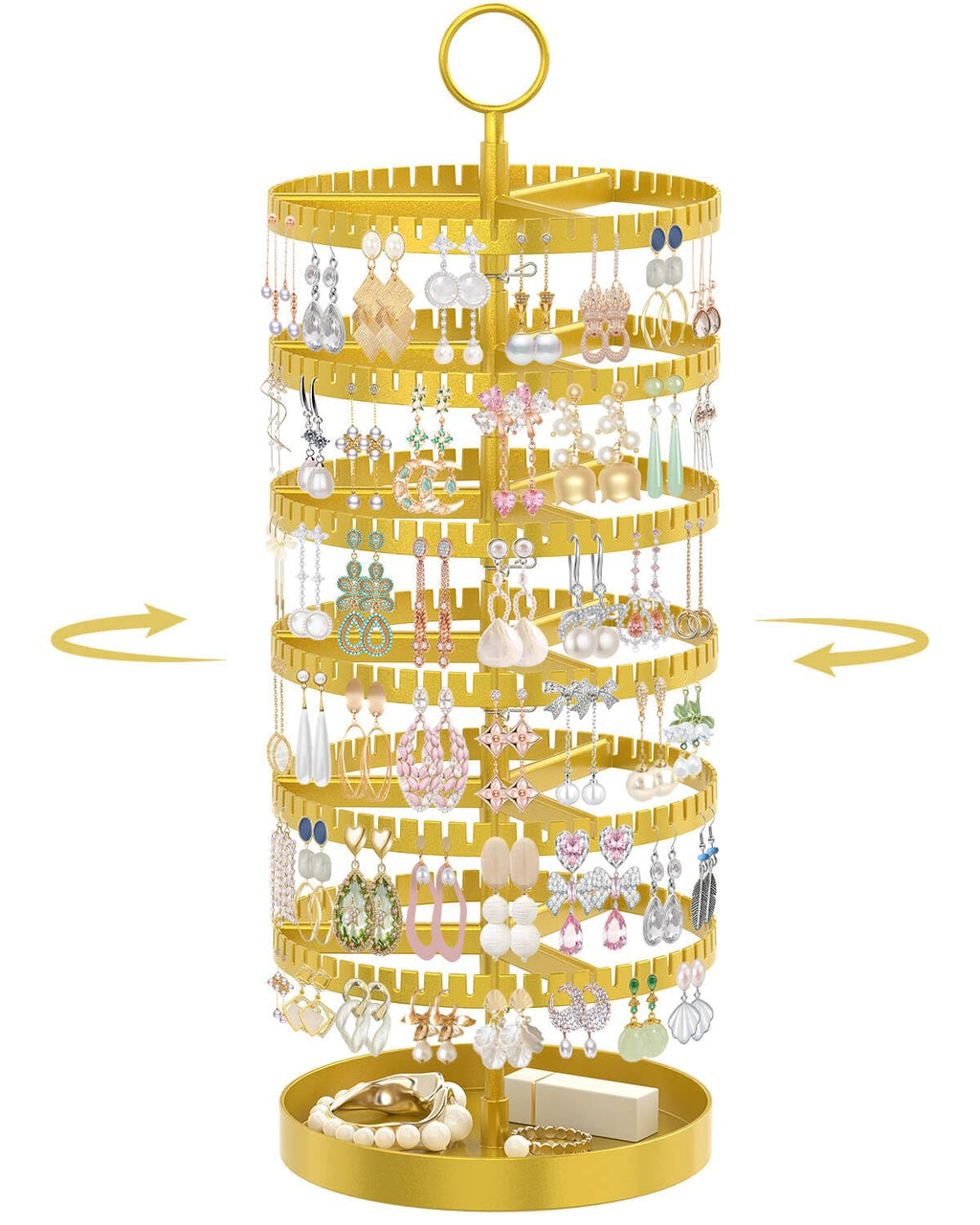 iDavosic.ly 6 Tier Rotating Earring Holder Organizer with Metal Tray, Adjustable Plastic Dangle Display Stands Tree with 342 Grooves, Large Hoop Storage Rack Tower, Gold