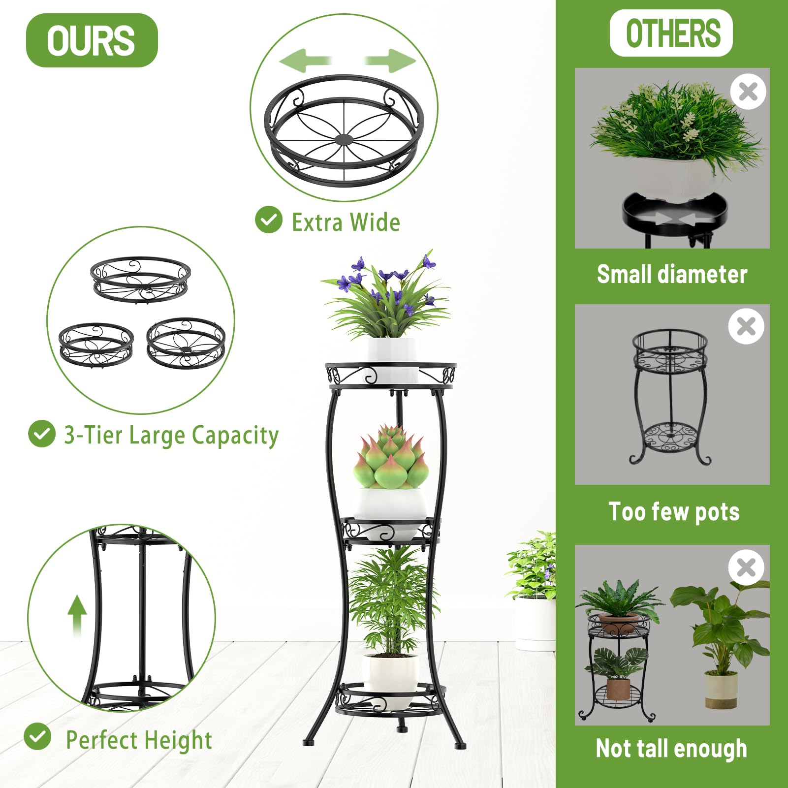 iDavosic.ly Plant Stand for Indoor Outdoor 2 Pack, 3 Tier Wrought Iron Vertical Flower Holder Shelf and 4 Layer Metal Pot Display Rack for Patio Porch Garden Living Room, Black