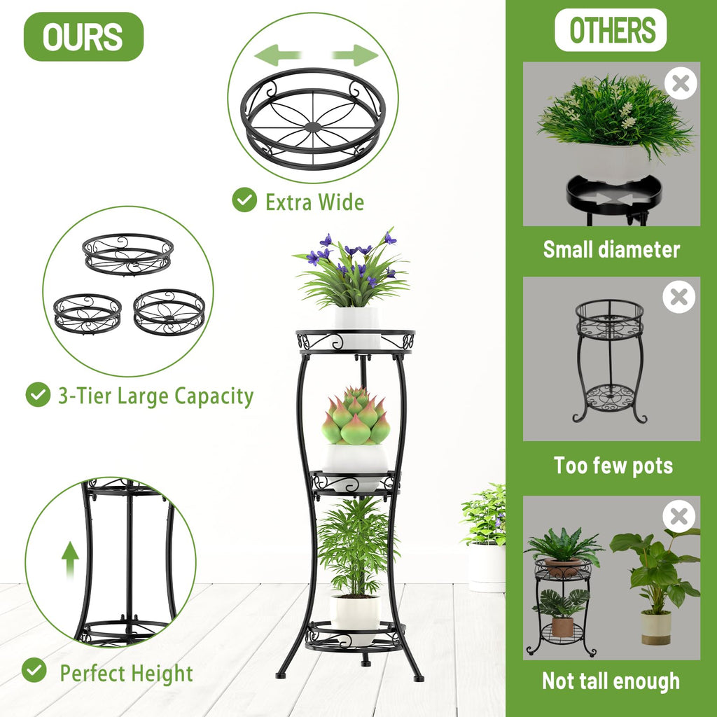 iDavosic.ly Plant Stand for Indoor Outdoor 2 Pack, 3 Tier Wrought Iron Vertical Flower Holder Shelf and 4 Layer Metal Pot Display Rack for Patio Porch Garden Living Room, Black