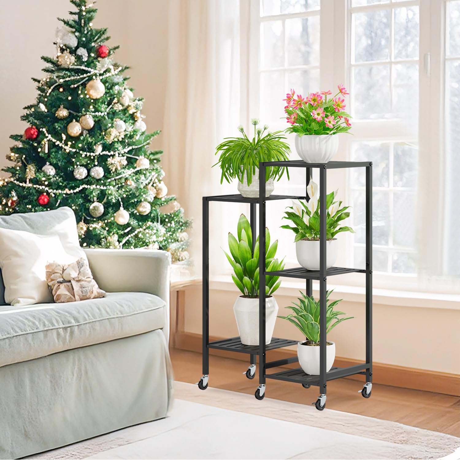 iDavosic.ly Metal Plant Stand Indoor Outdoor Set of 2, 3 Tiered Corner Flower Holder Shelf and 5 Layer Vertical Rolling Rack for Large Pots Modern Black
