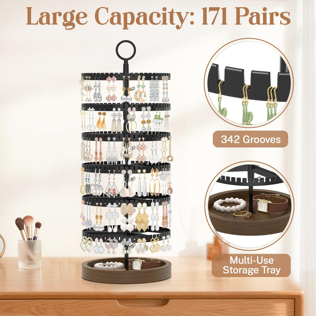 iDavosic.ly Jewelry Organizer Stand Set of 2, Large Dangle Display Stands Tree with 342 Plastic Grooves and Wooden Base and Rotating Necklace Bracelet Holder with 42 Hooks for Women