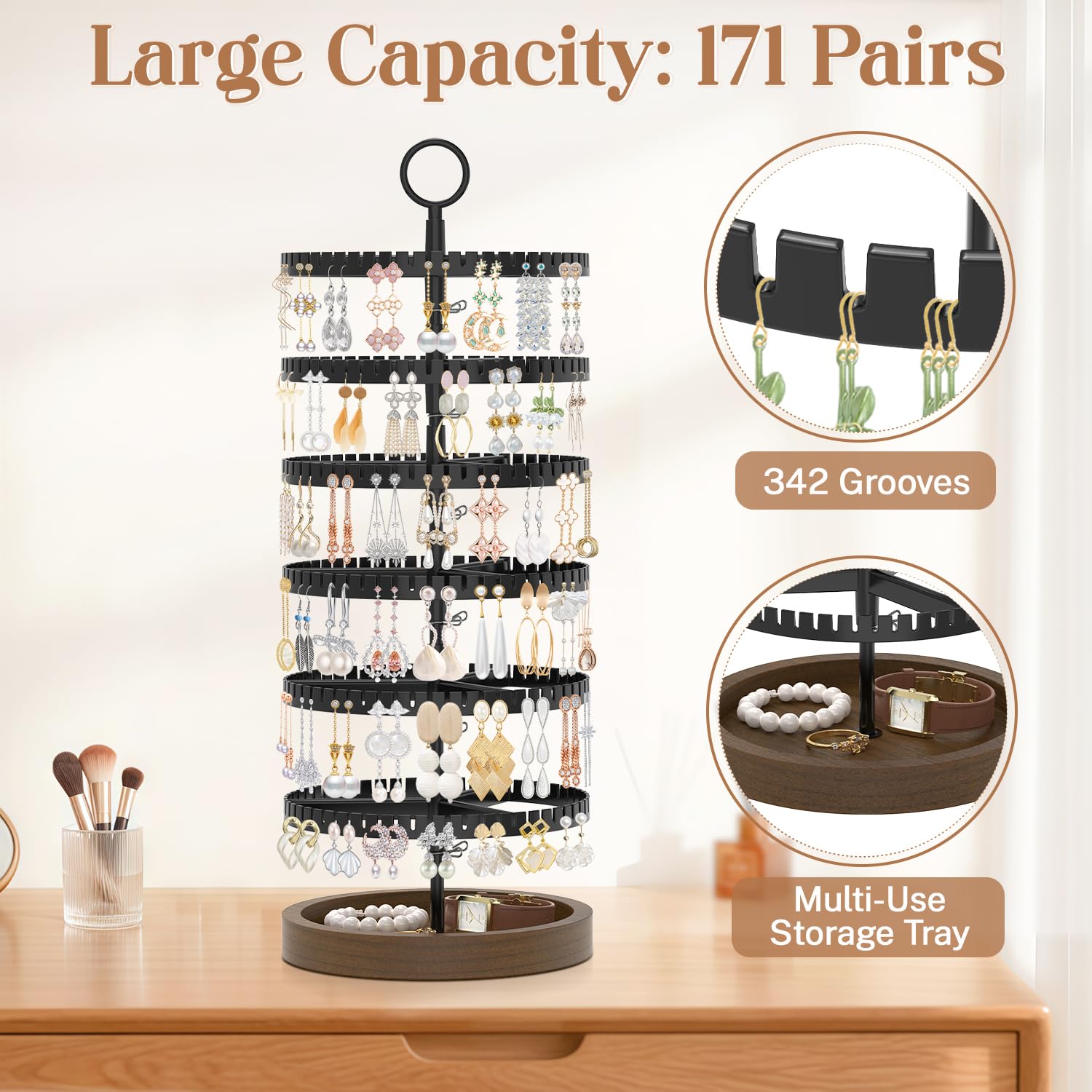 iDavosic.ly Jewelry Organizer Stand with Wooden Base Set of 2, Large Dangle Display Stands Tree with 342 Plastic Grooves and Rotating Necklace Bracelet Holder with 42 Hooks for Women