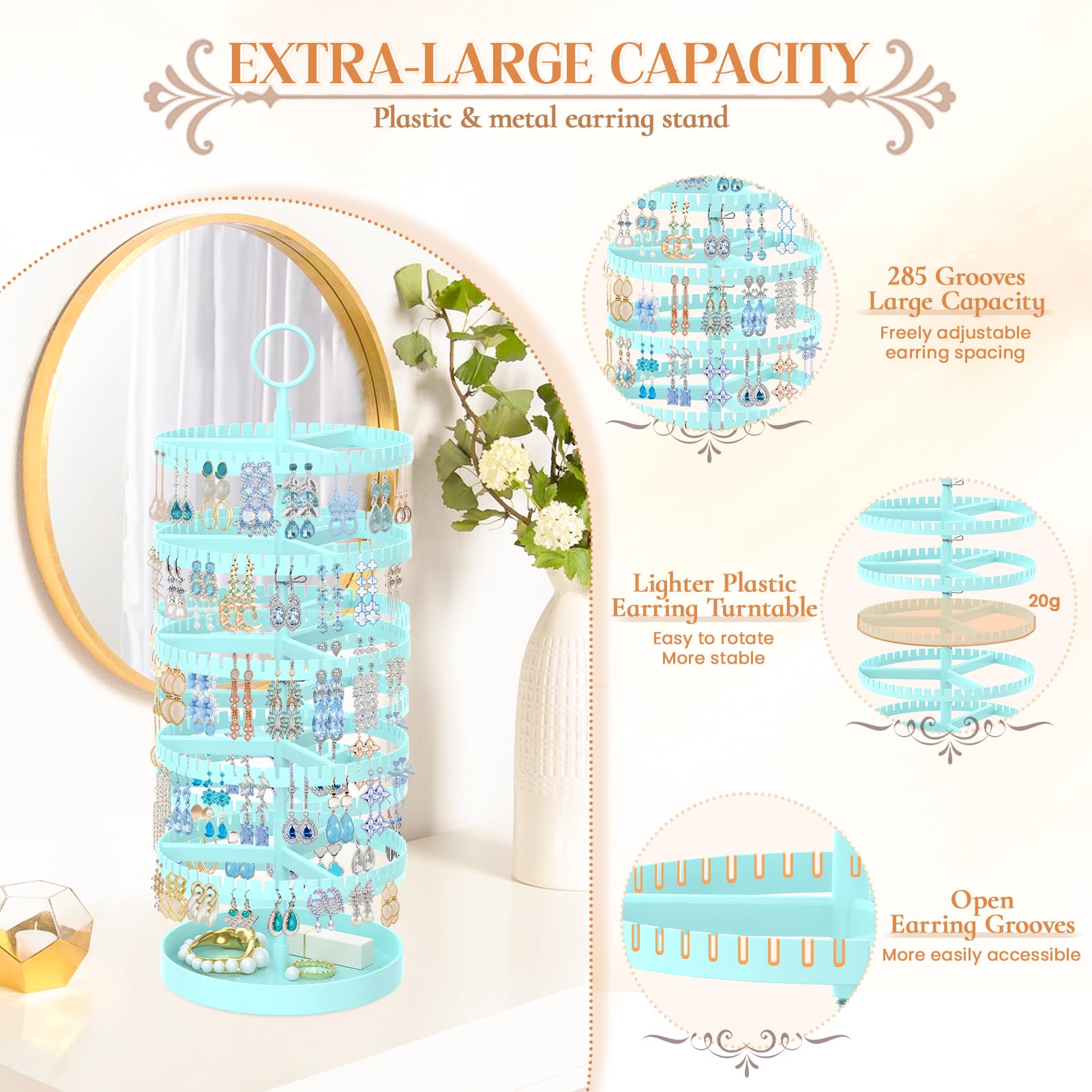 iDavosic.ly 5 Tier Rotating Earring Holder Organizer with Metal Tray, Adjustable Plastic Dangle Display Stands Tree with 285 Grooves, Large Hoop Storage Rack Tower, Blue