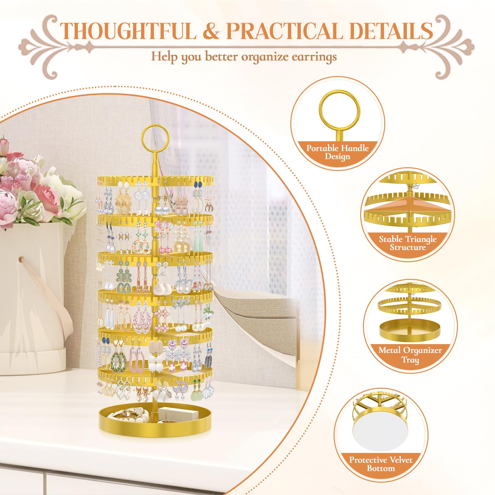 iDavosic.ly 6 Tier Rotating Earring Holder Organizer with Metal Tray, Adjustable Plastic Dangle Display Stands Tree with 342 Grooves, Large Hoop Storage Rack Tower, Gold