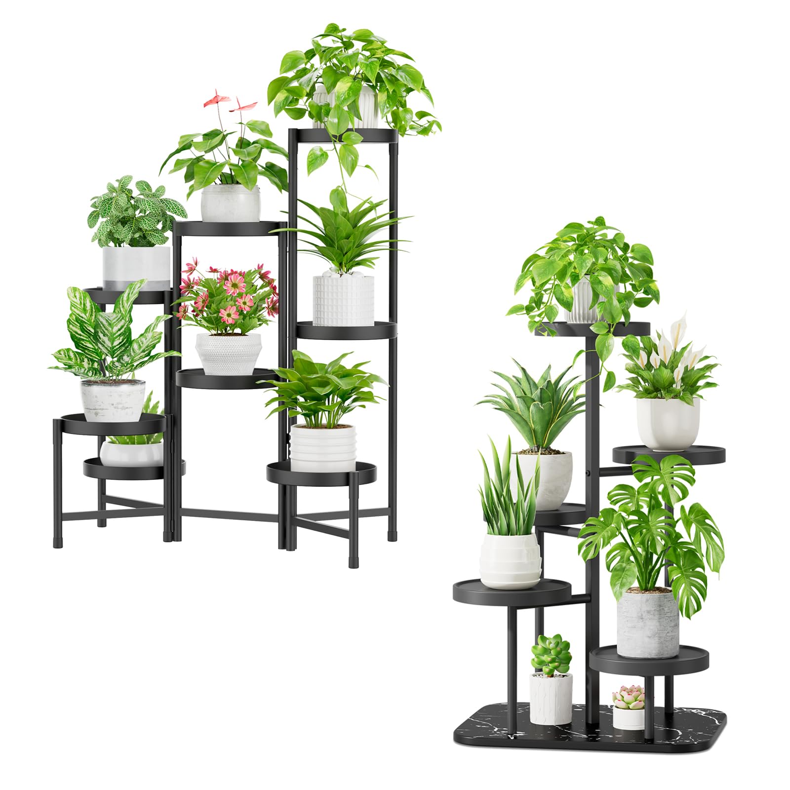 iDavosic.ly Plant Stand for Indoor Outdoor 2 Pack, 8 Tier Folding Corner Flower Pot Holder Shelf and 5 Layer Metal Plastic Tall Orchid Display Rack for Patio Porch Living Room Garden Balcony, Black