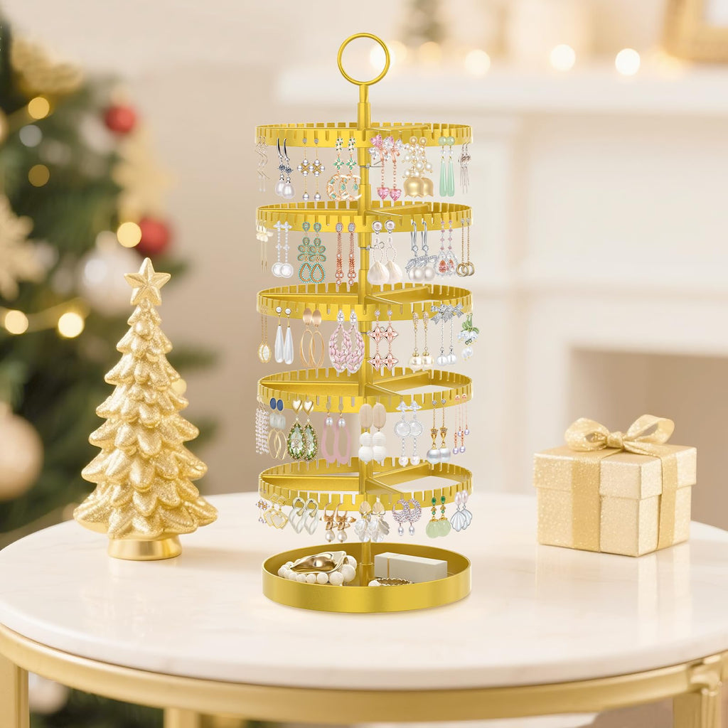 iDavosic.ly 5 Tier Rotating Earring Holder Organizer with Metal Tray, Adjustable Plastic Dangle Display Stands Tree with 285 Grooves, Large Hoop Storage Rack Tower, Gold
