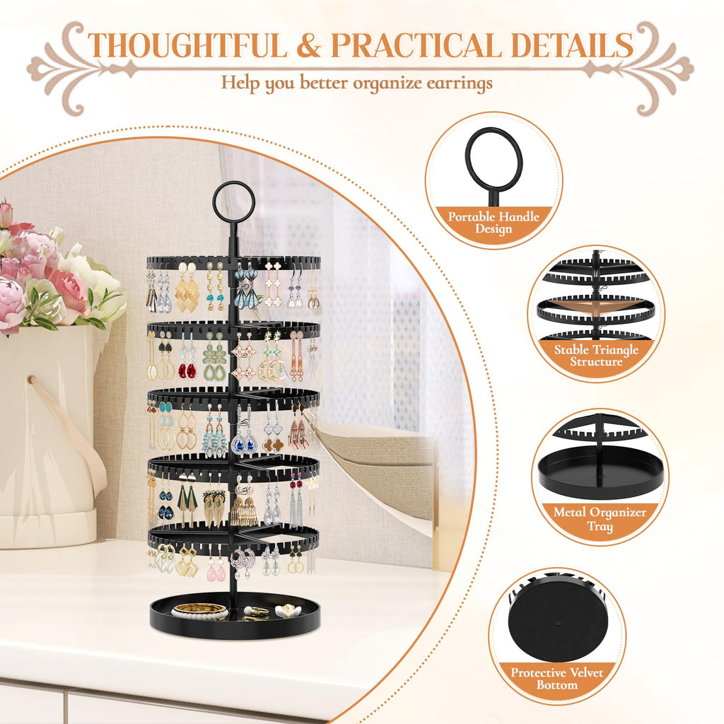 iDavosic.ly 5 Tier Rotating Earring Holder Organizer with Metal Tray, Adjustable Plastic Dangle Display Stands Tree with 285 Grooves, Large Hoop Storage Rack Tower, Black