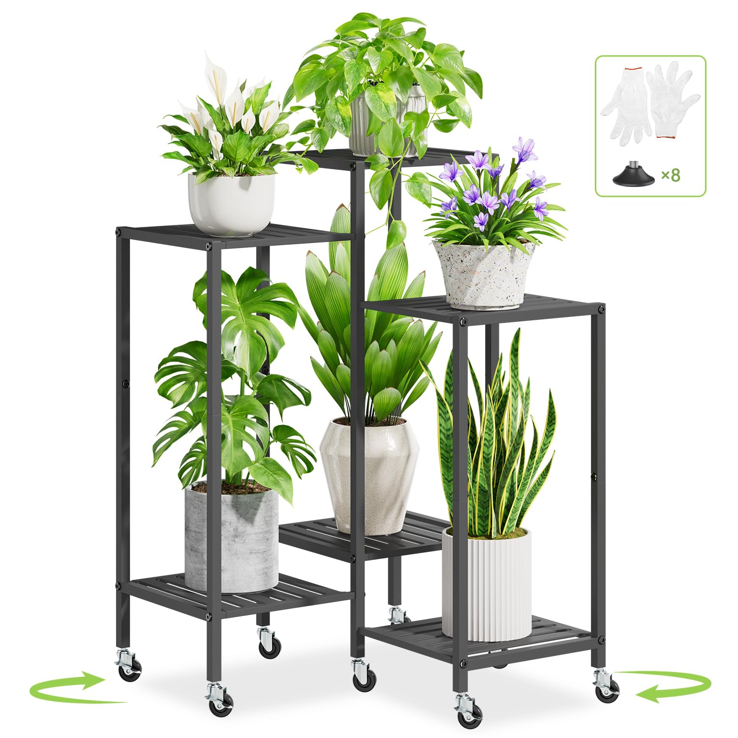 iDavosic.ly Plant Stand Indoor Outdoor Set of 2,6 Tier Metal Flower Holder Shelf with Wheels and 6 Layer Tall Orchid Display Rack for Patio Porch Living Room Balcony Outdoor