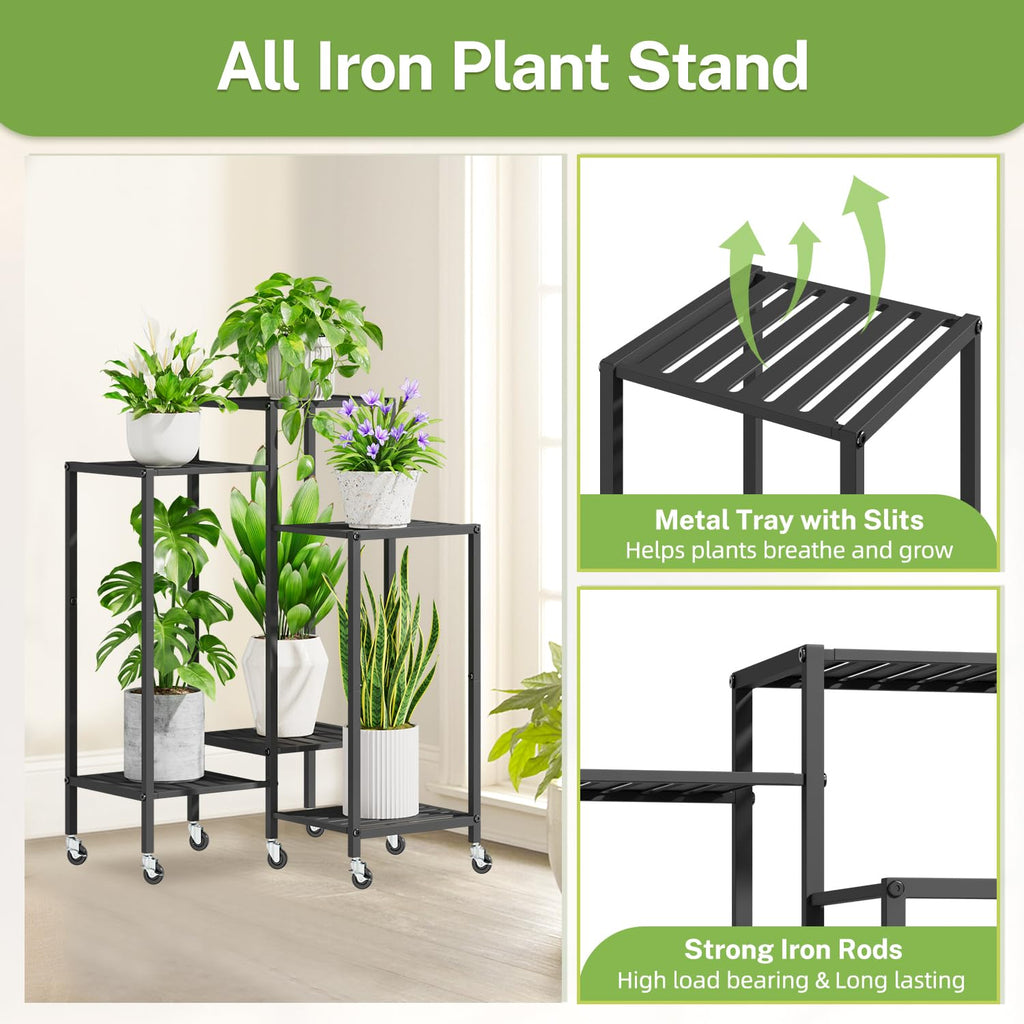 iDavosic.ly 2 Pack Plant Stand Indoor Outdoor, 6 Tier 11 Inch Wide Flower Pot Holder Shelf with Wheels and 5 Layer Foldable Metal Plastic Orchid Display Rack for Patio Garden Window Balcony, Black