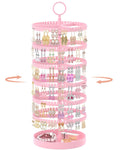 iDavosic.ly 6 Tier Rotating Earring Holder Organizer with Metal Tray, Adjustable Plastic Dangle Display Stands Tree with 342 Grooves, Large Hoop Storage Rack Tower, Pink