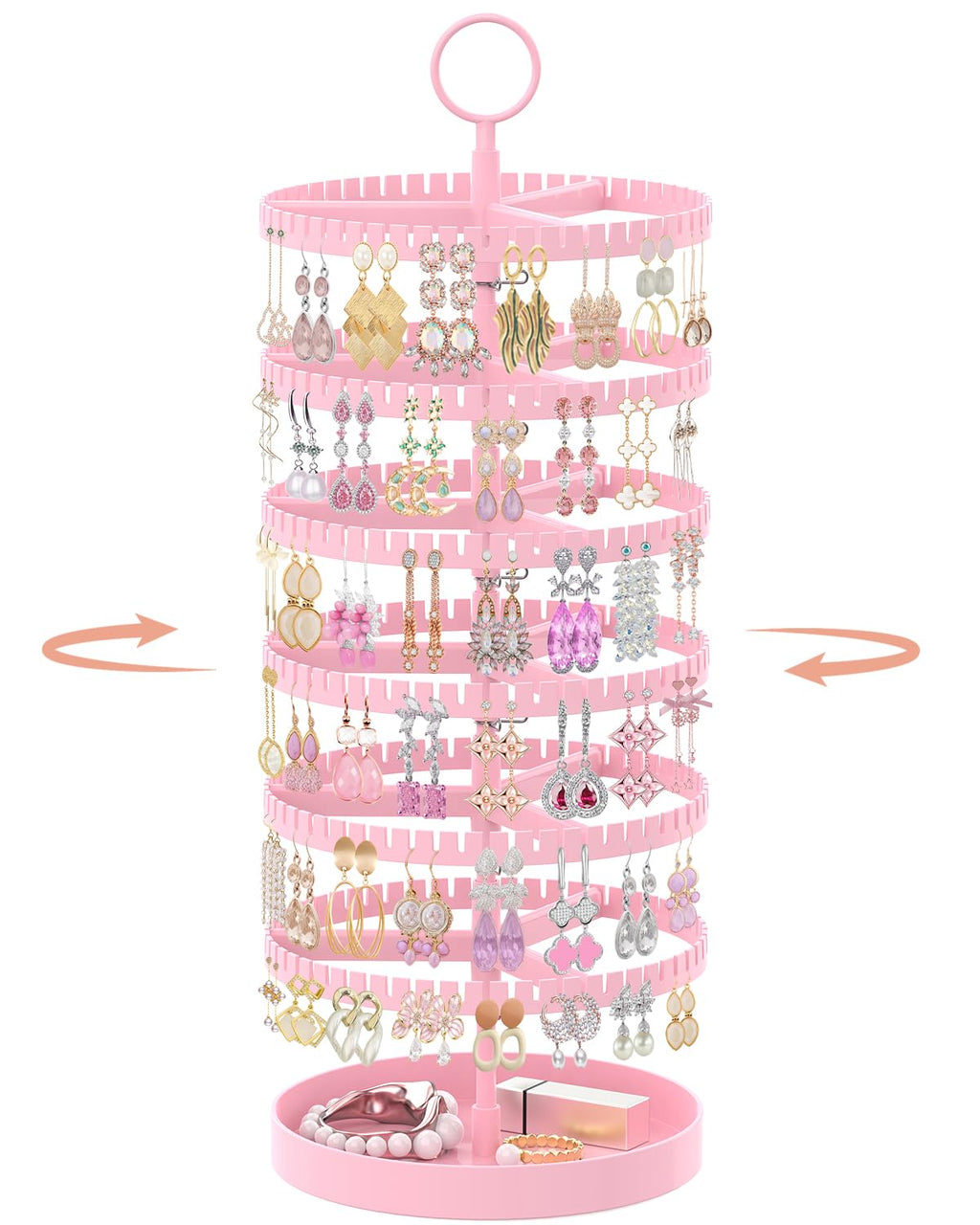 iDavosic.ly 6 Tier Rotating Earring Holder Organizer with Metal Tray, Adjustable Plastic Dangle Display Stands Tree with 342 Grooves, Large Hoop Storage Rack Tower, Pink