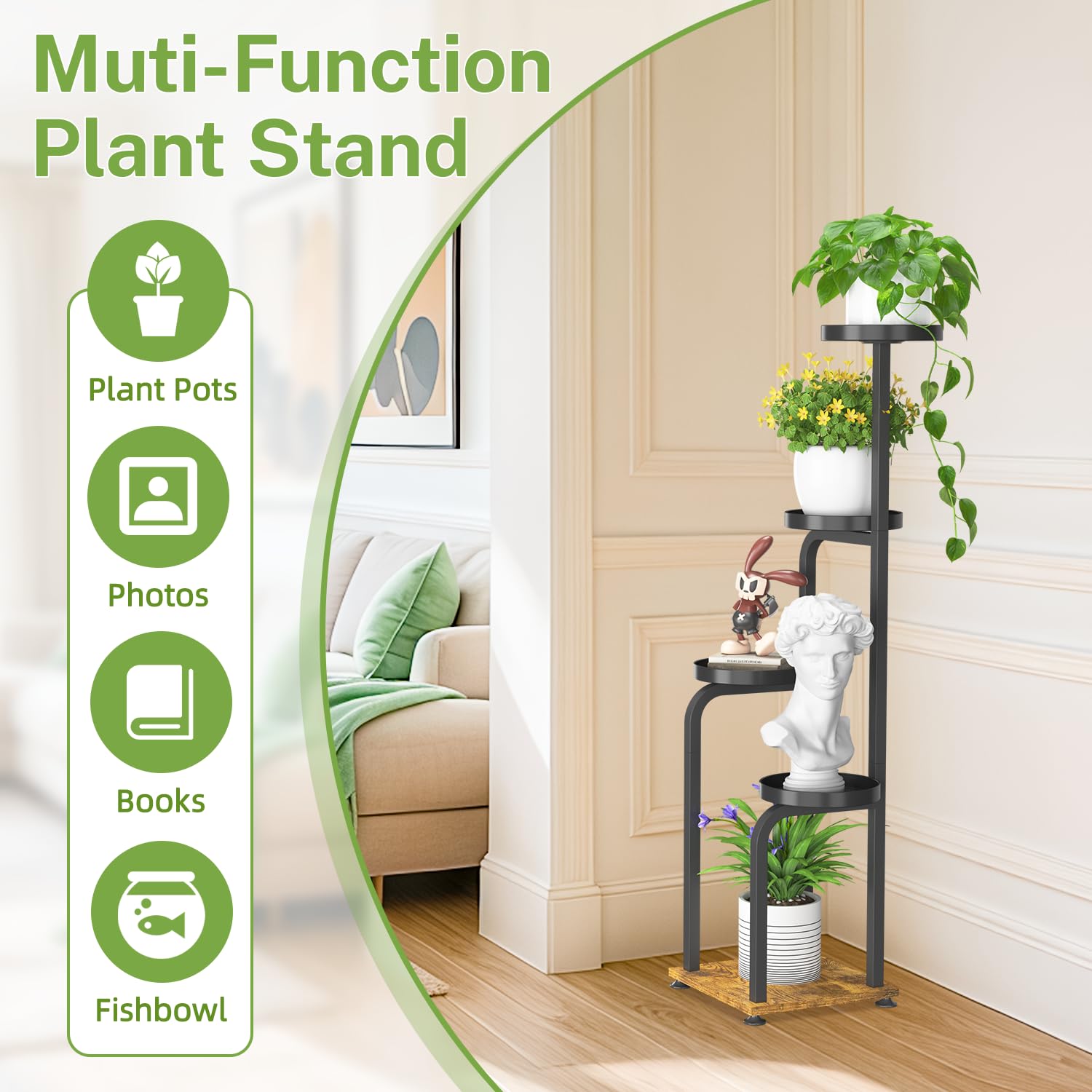 iDavosic.ly Tall Plant Stand Indoor, 4 Tier Corner Multiple Flower Holder Shelf with Metal Trays, Space Saving Display Rack for Living Room Balcony Patio Porch Outdoor | Black & Brown