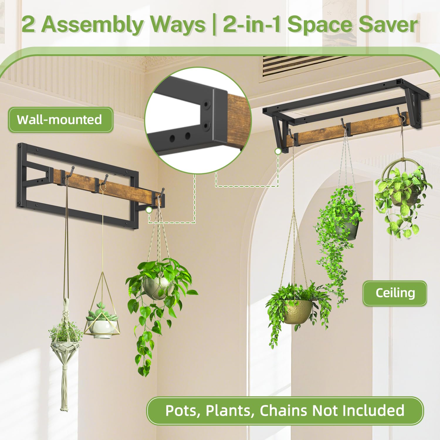 iDavosic.ly Plant Hanger Indoor Set of 2 for Wall & Ceiling, Metal and Wood Hanging Rod with 6 Hooks, Floating Flower Display Shelf for Window, Space Saving (Pots/Chains/Plants Not Included)