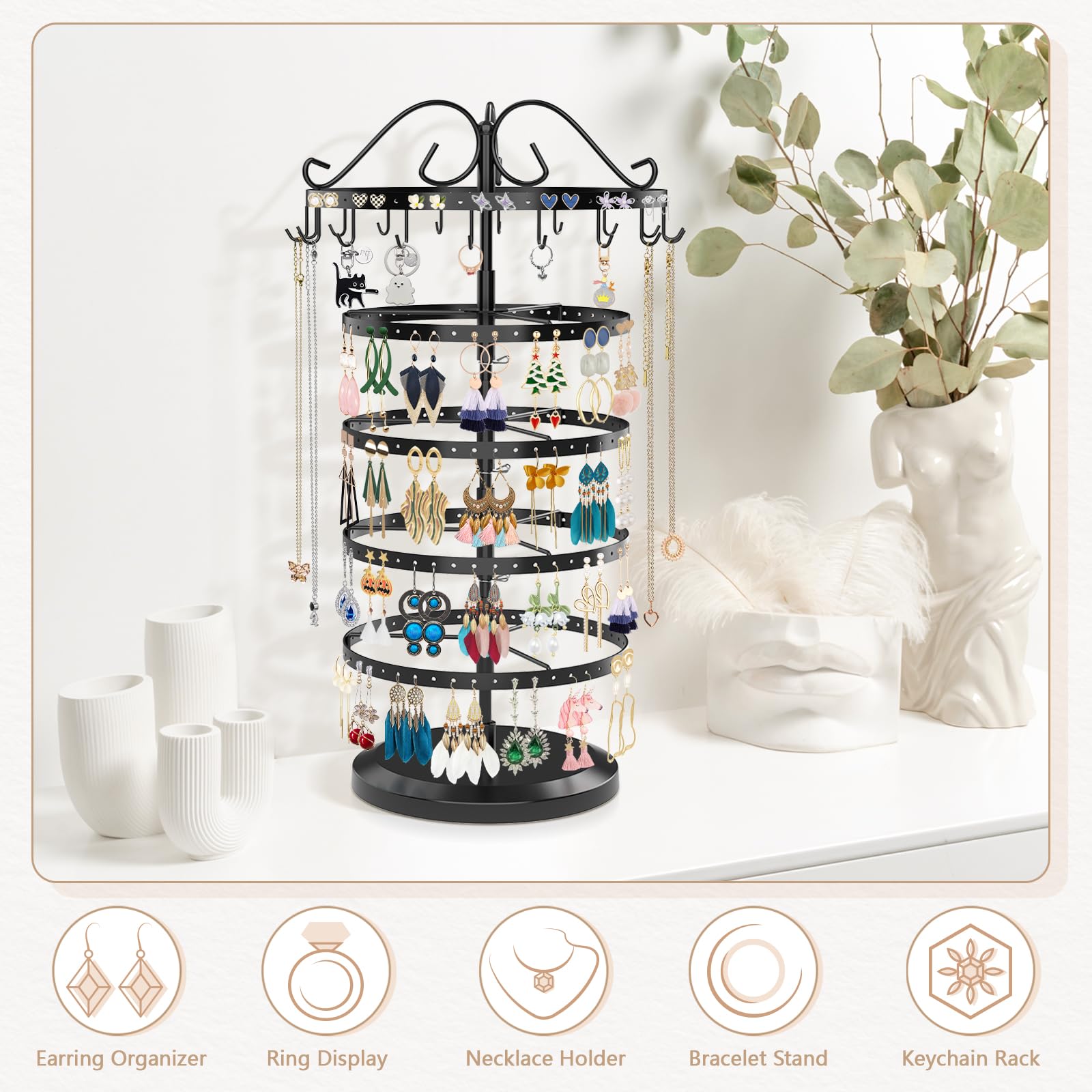 iDavosic.ly 5 Tier Earring Holder Organizer, Rotating Earring Holder Stand with 17 Hooks, Metal Adjustable Large Earring Tree Necklace Display Rack (Black)