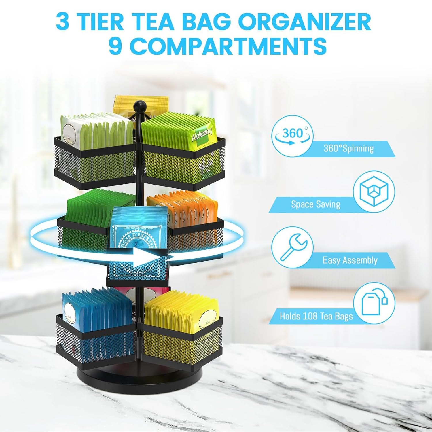 iDavosic.ly 3 Tier Tea Bag Organizer, Packet Storage Holder Spinning Carousel With 9 Compartments, Rotating Metal Caddy for Kitchen Counter Cabinet, Up to 108 Teabags Storage, Black