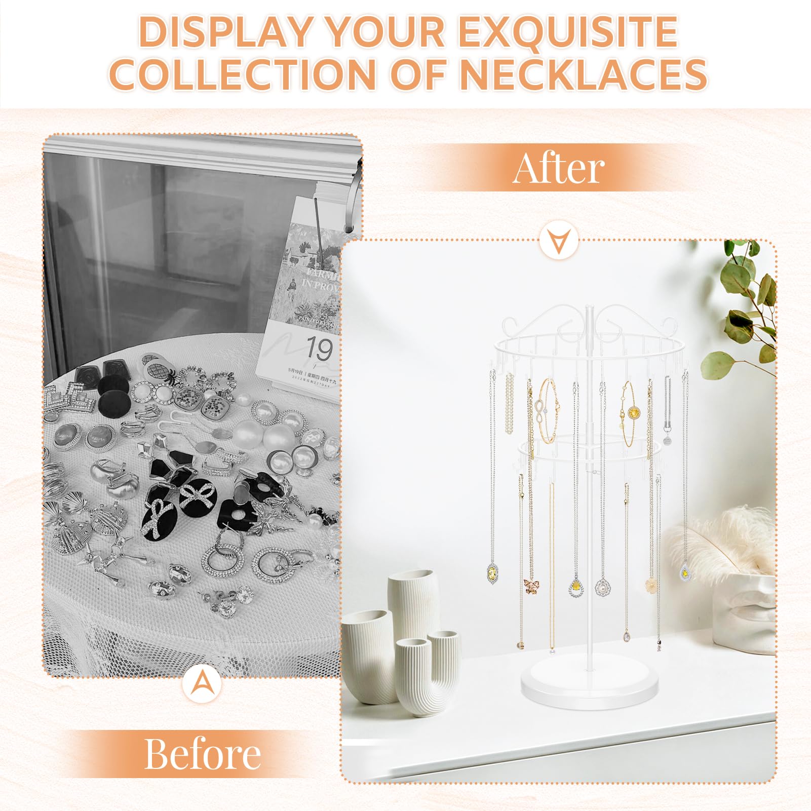 iDavosic.ly 2 Tier Rotating Necklace Holder Organizer with 42 Hooks, Adjustable Metal Bracelet Display Stand Rack, Extra Tall Keychain Spinning Tree Tower for Women, White