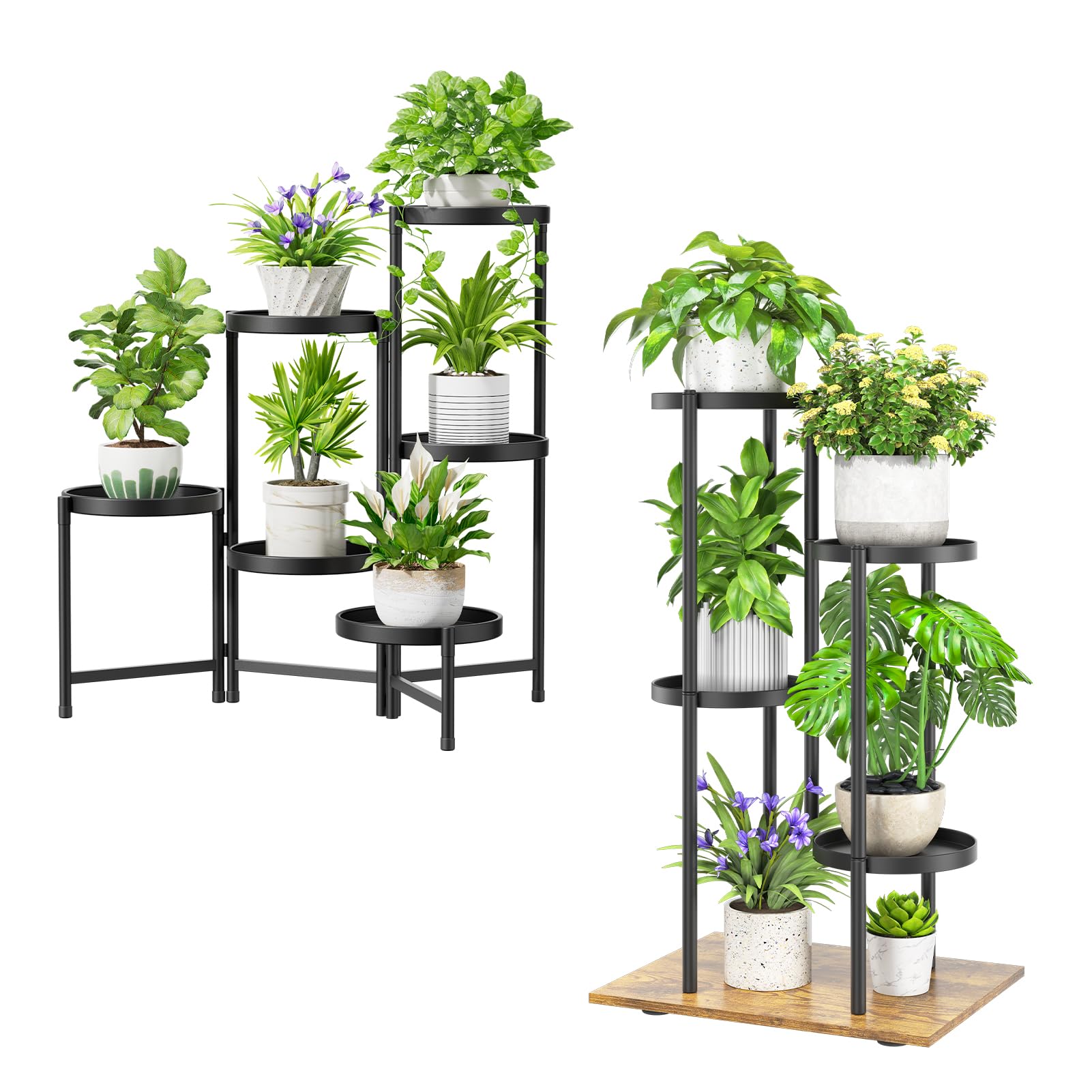 iDavosic.ly Plant Stand for Indoor Outdoor Set of 2, 6 Tier Large Metal Folding Flower Display Holder Shelf and 4 Layer Tall Corner Orchid Rack for House Patio Balcony Garden Living Room Porch, Black