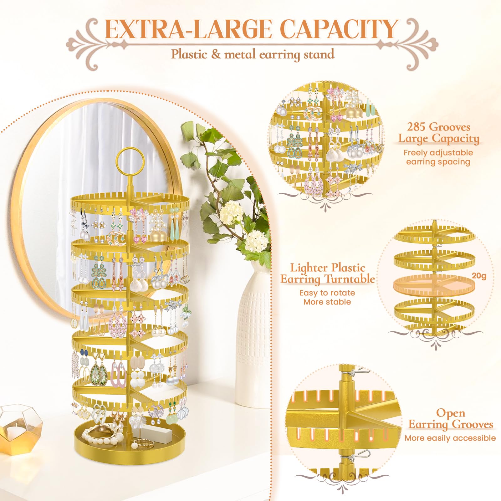 iDavosic.ly 5 Tier Rotating Earring Holder Organizer with Metal Tray, Adjustable Plastic Dangle Display Stands Tree with 285 Grooves, Large Hoop Storage Rack Tower, Gold